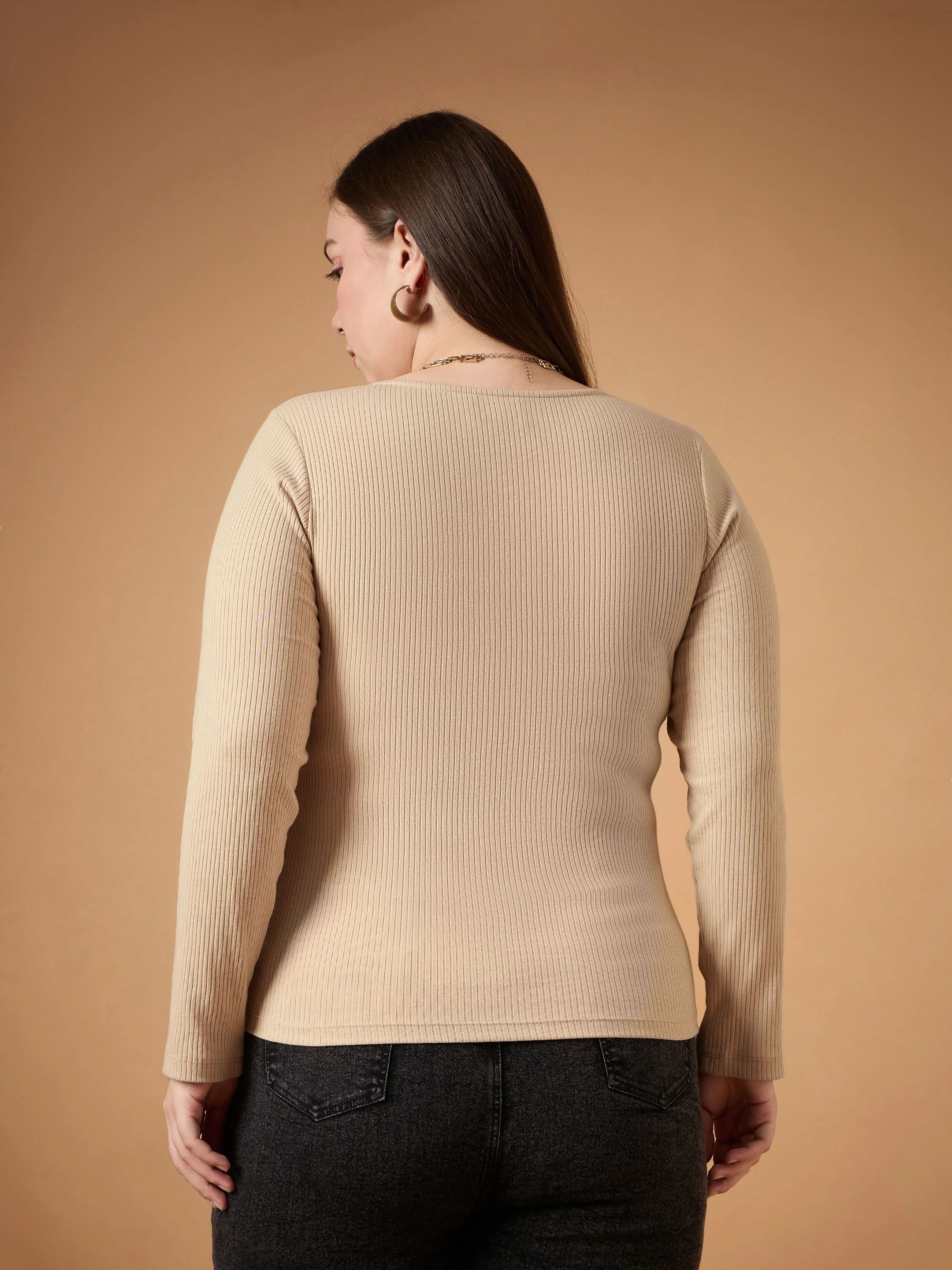 Women Beige Rib Full Sleeves Top - Image 5