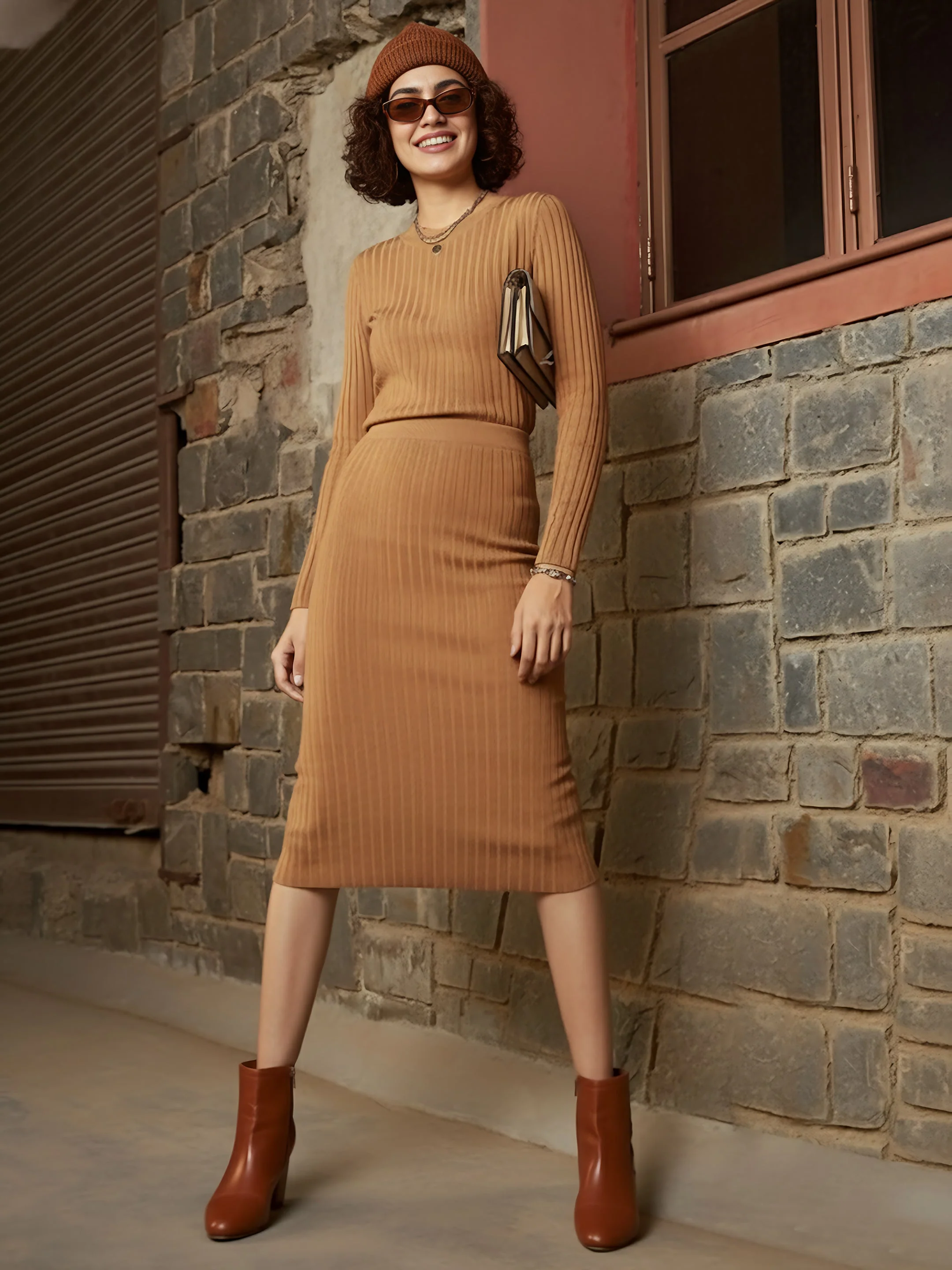 Women Beige Rib Pencil Midi Skirt - Image 2