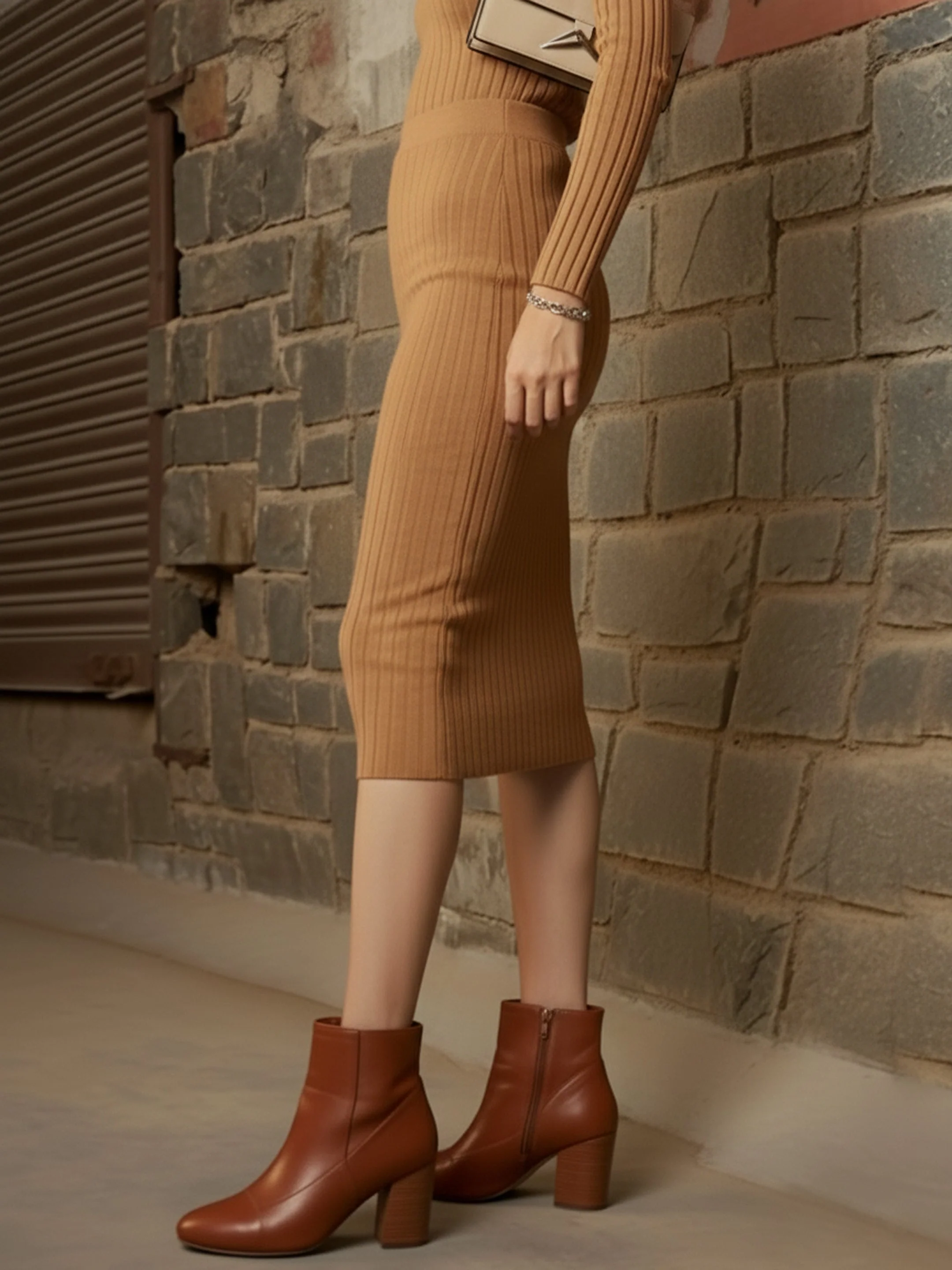 Women Beige Rib Pencil Midi Skirt - Image 3