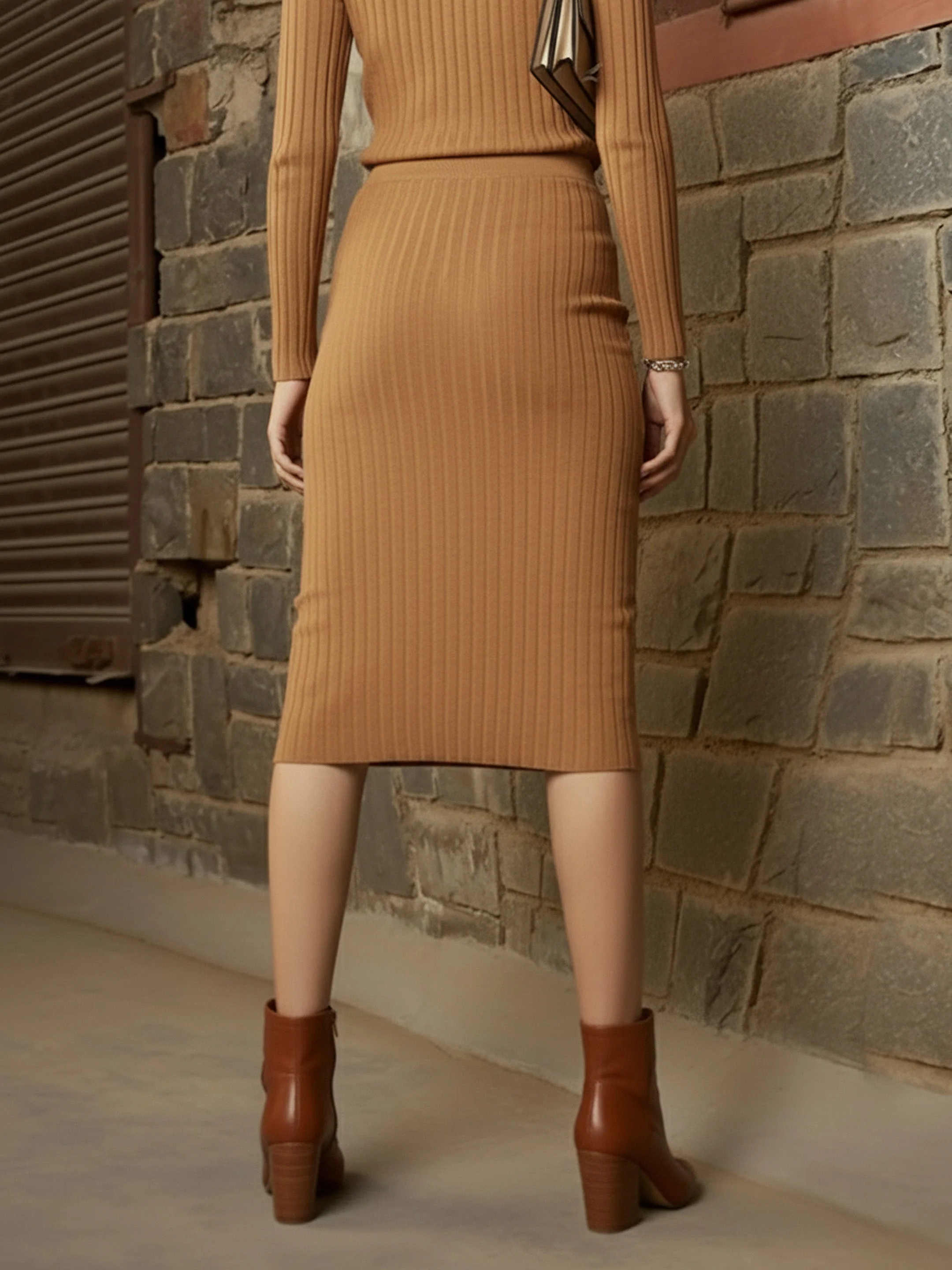 Women Beige Rib Pencil Midi Skirt - Image 5