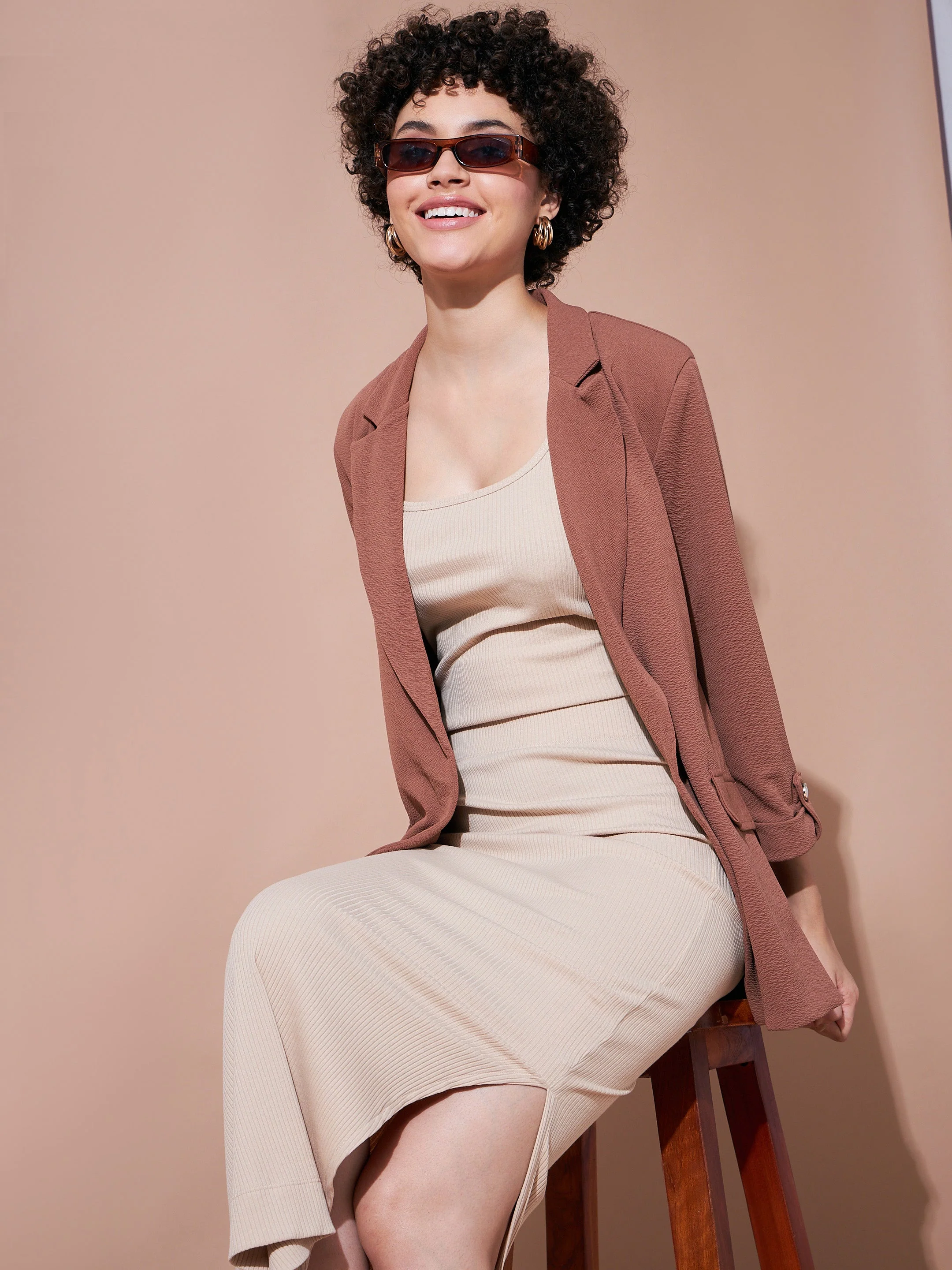 Women Beige Rib Pencil Skirt - Image 5
