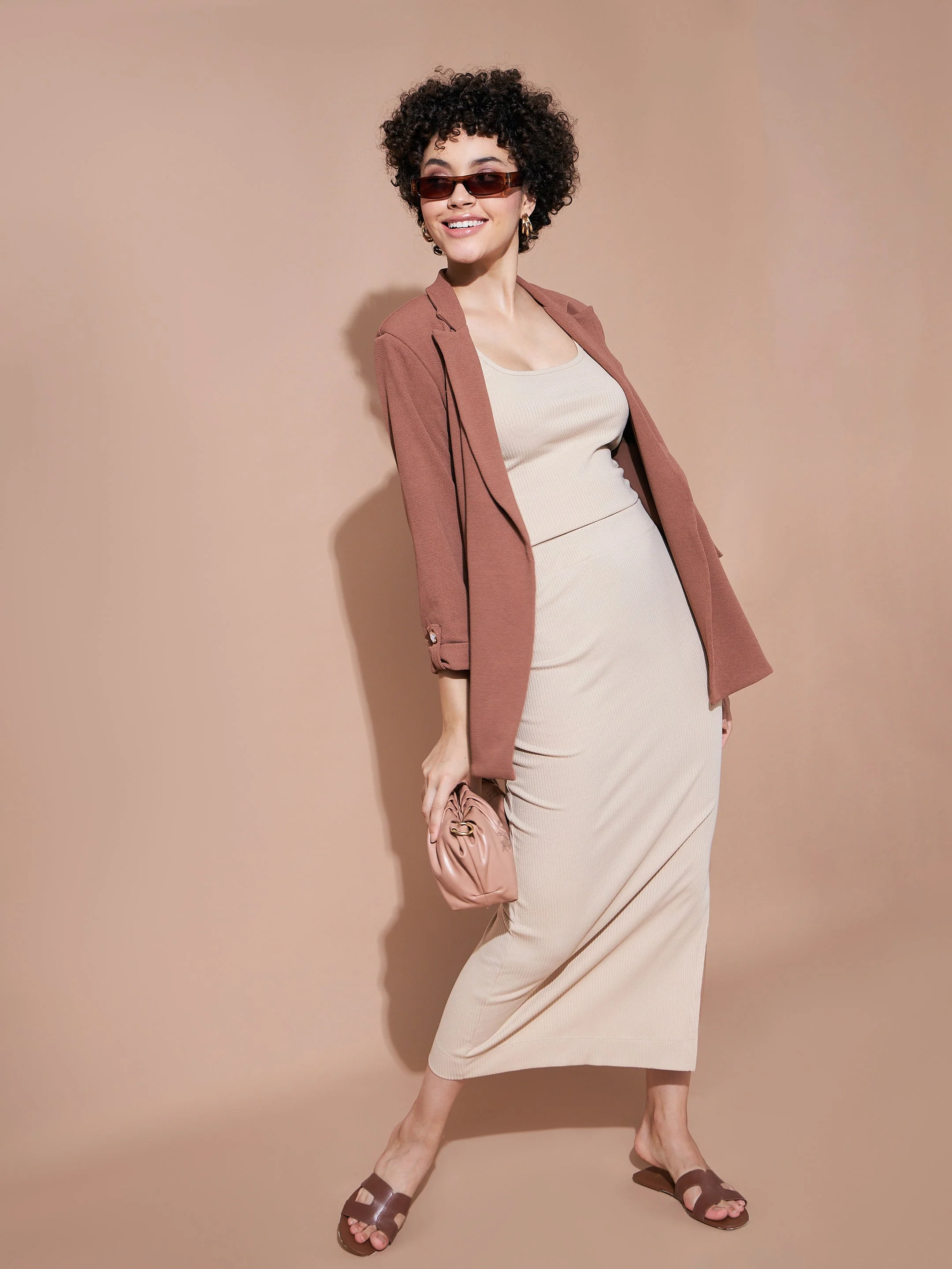 Women Beige Rib Pencil Skirt - Image 6