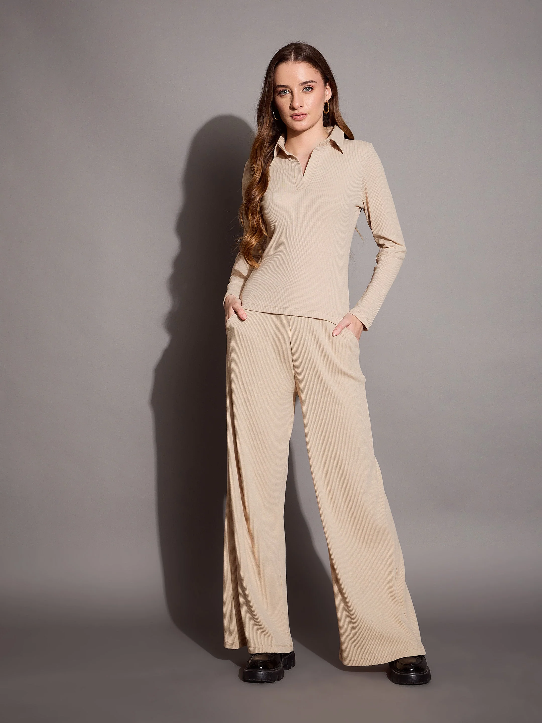 Women Beige Rib Polo Neck Top - Image 2
