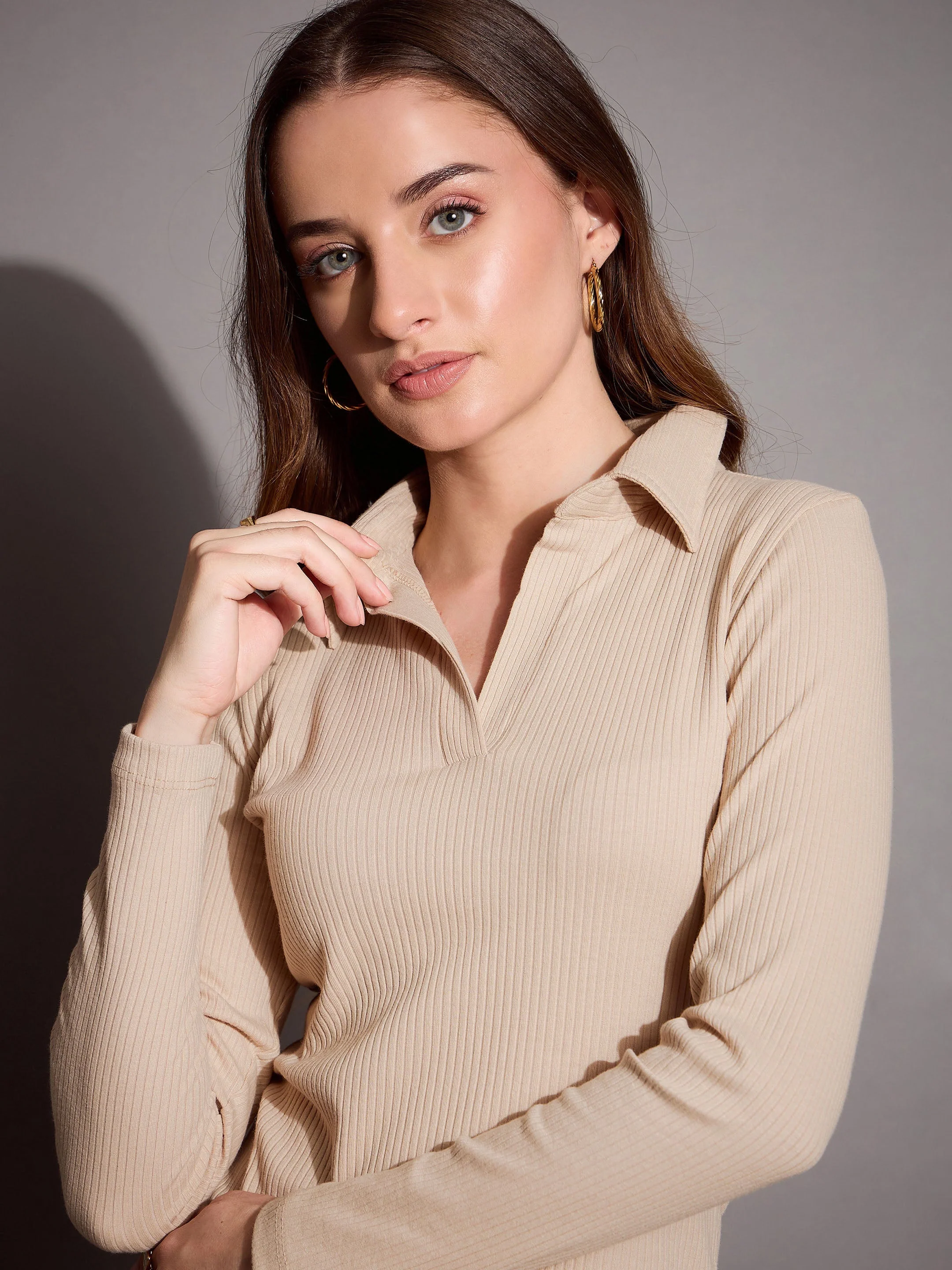 Women Beige Rib Polo Neck Top - Image 4