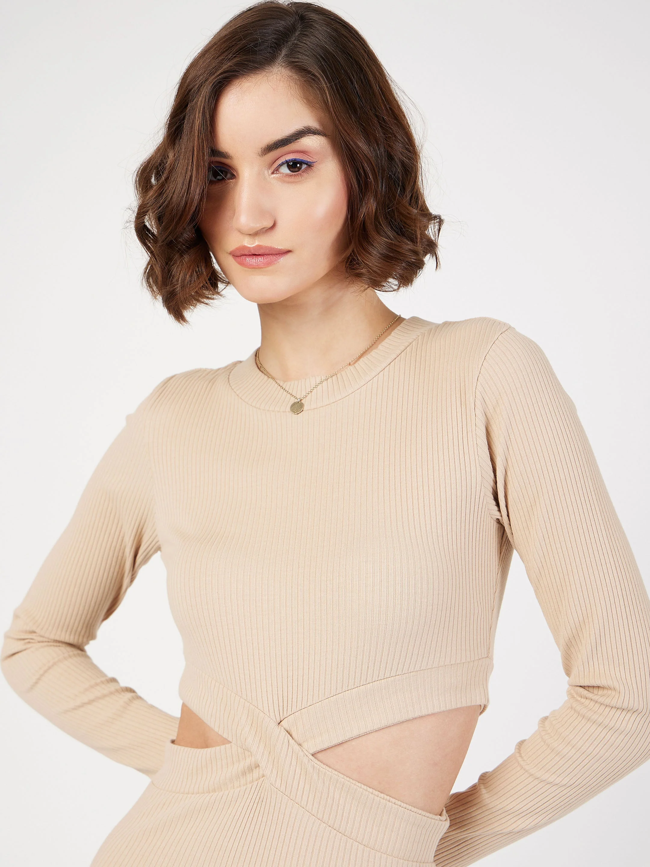 Women Beige Rib Side Cut-Out Midi Dress - Image 4
