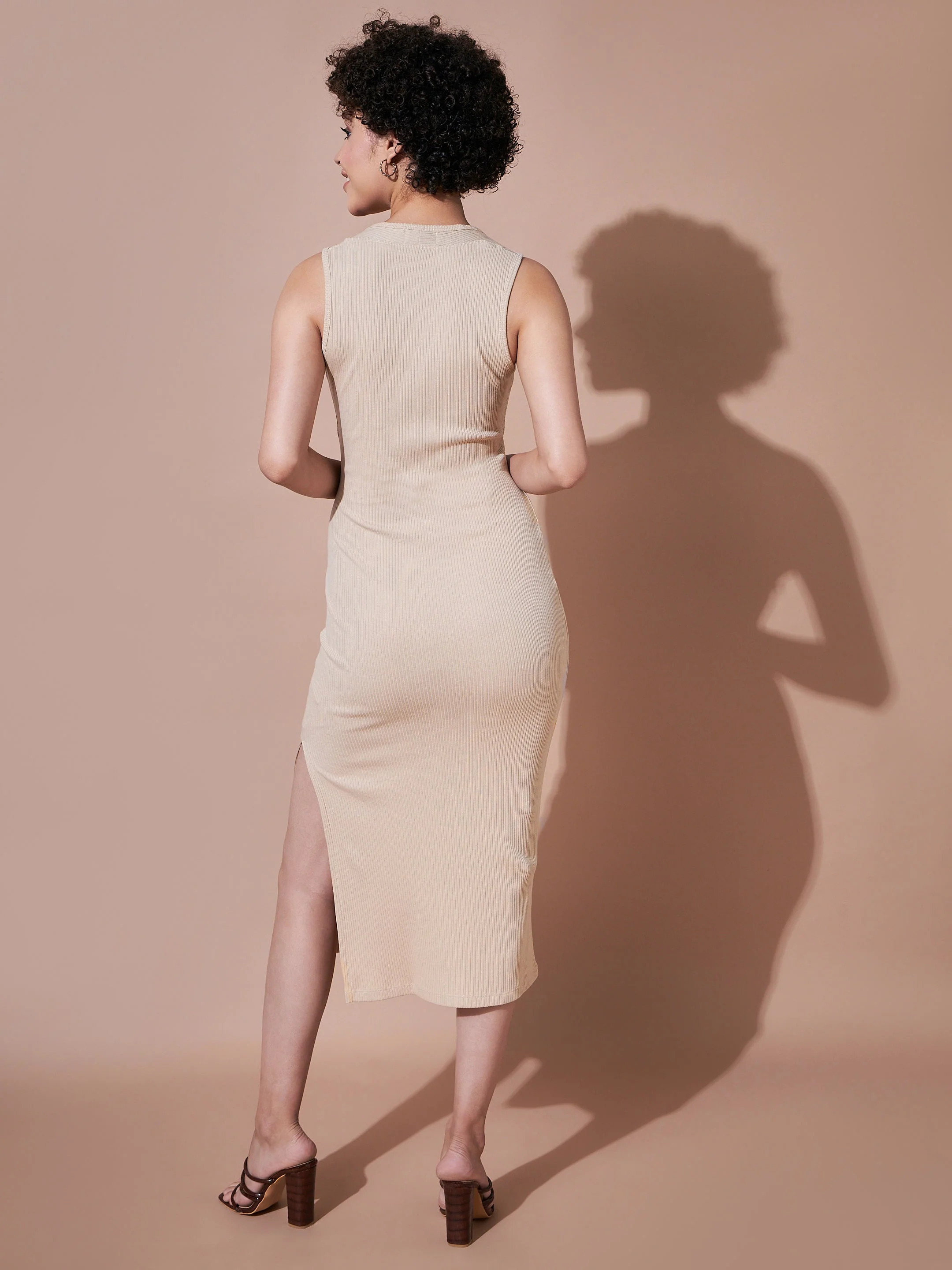 Women Beige Rib Side Slit Bodycon Dress - Image 5