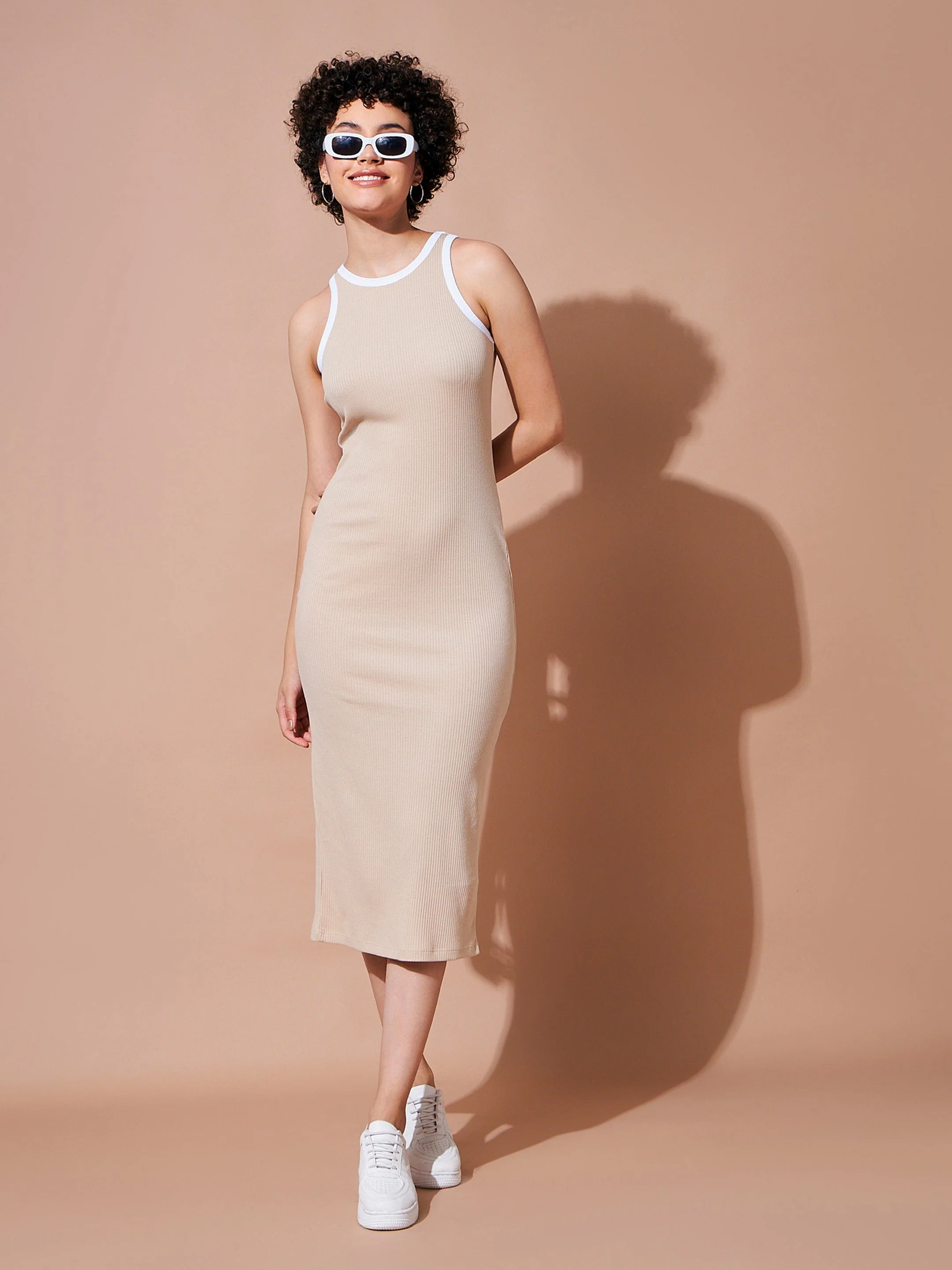 Women Beige Rib Sleeveless Bodycon Dress - Image 2