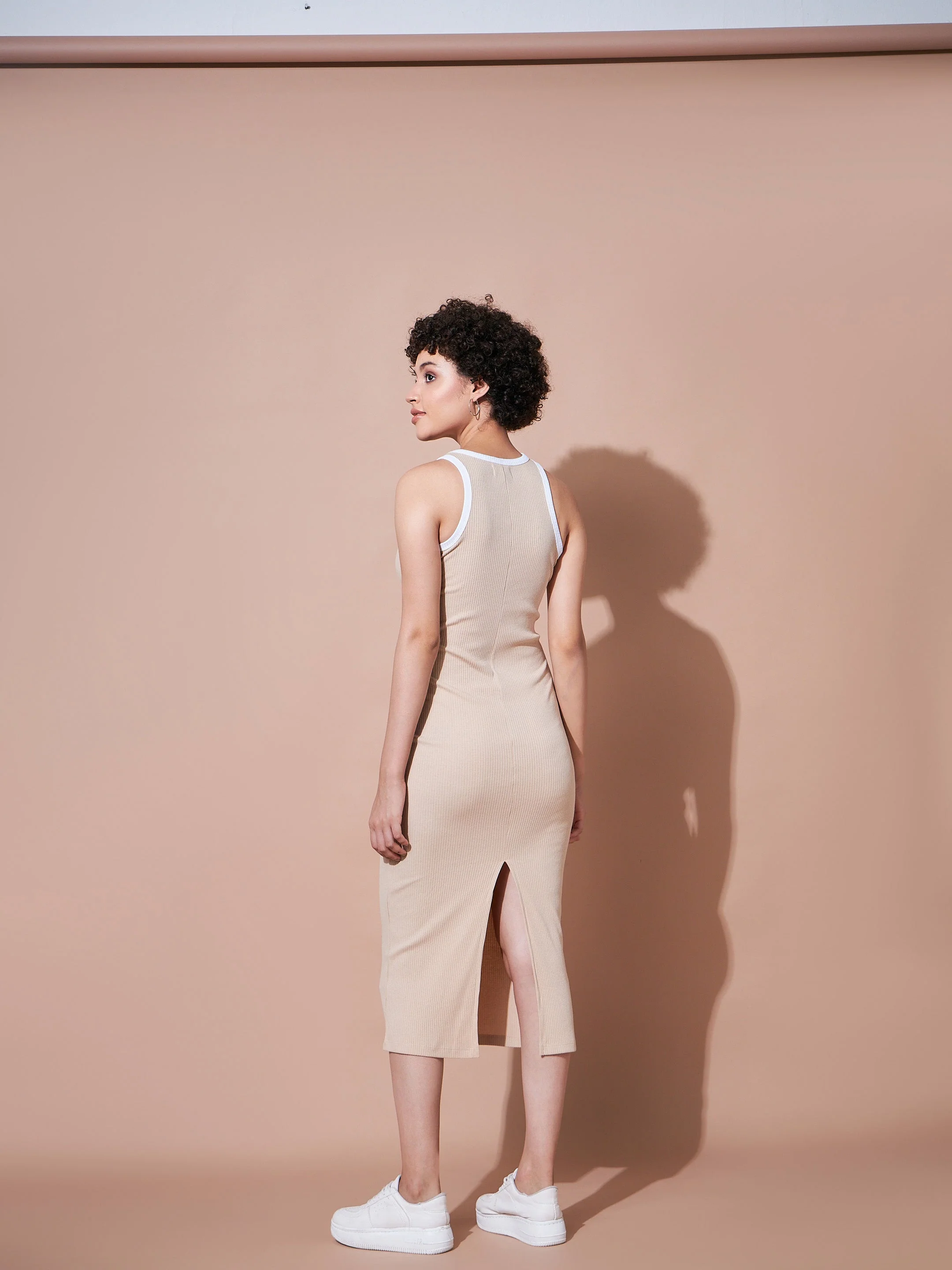 Women Beige Rib Sleeveless Bodycon Dress - Image 5