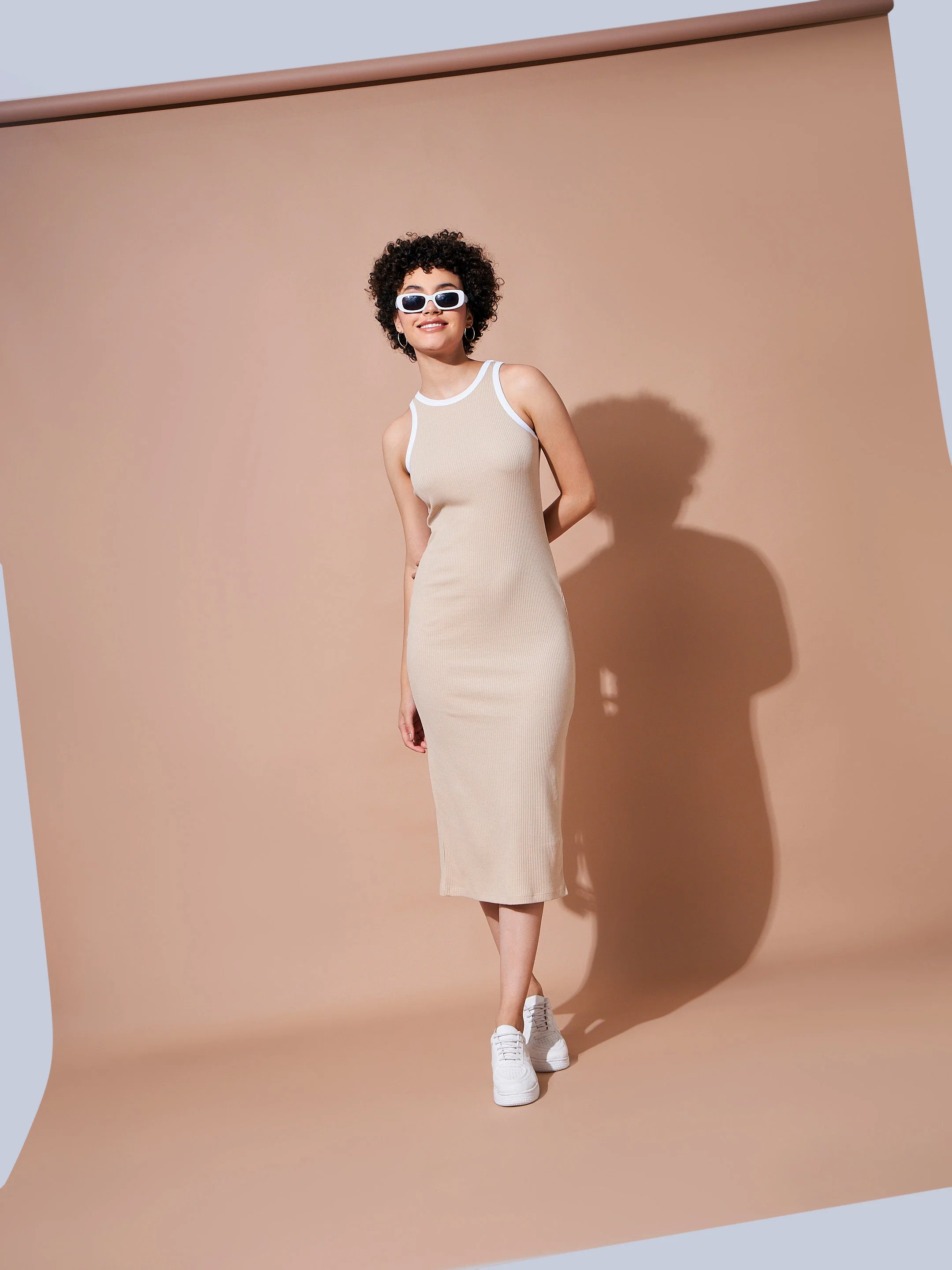 Women Beige Rib Sleeveless Bodycon Dress - Image 6