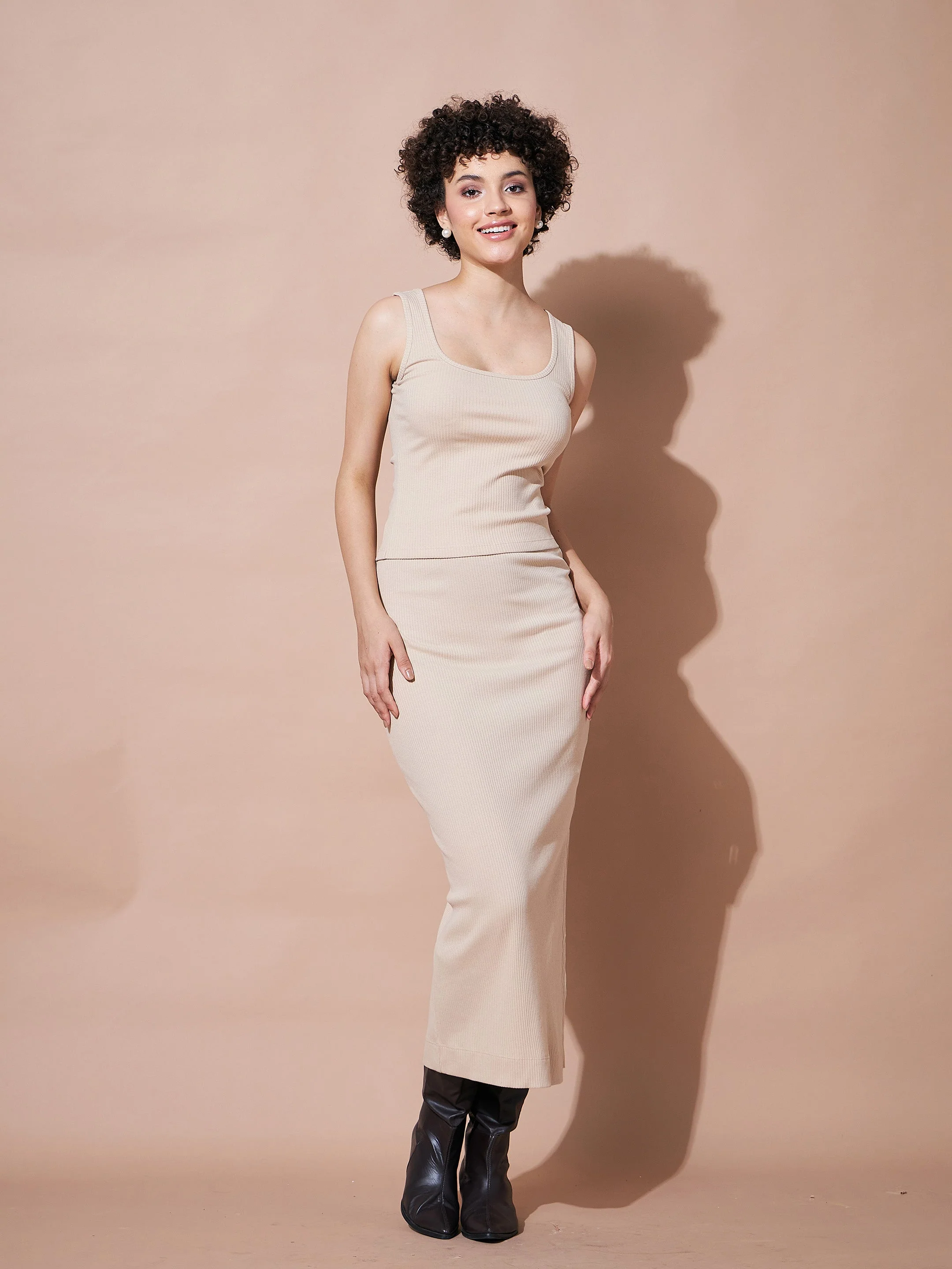 Women Beige Rib Sleeveless Top - Image 6