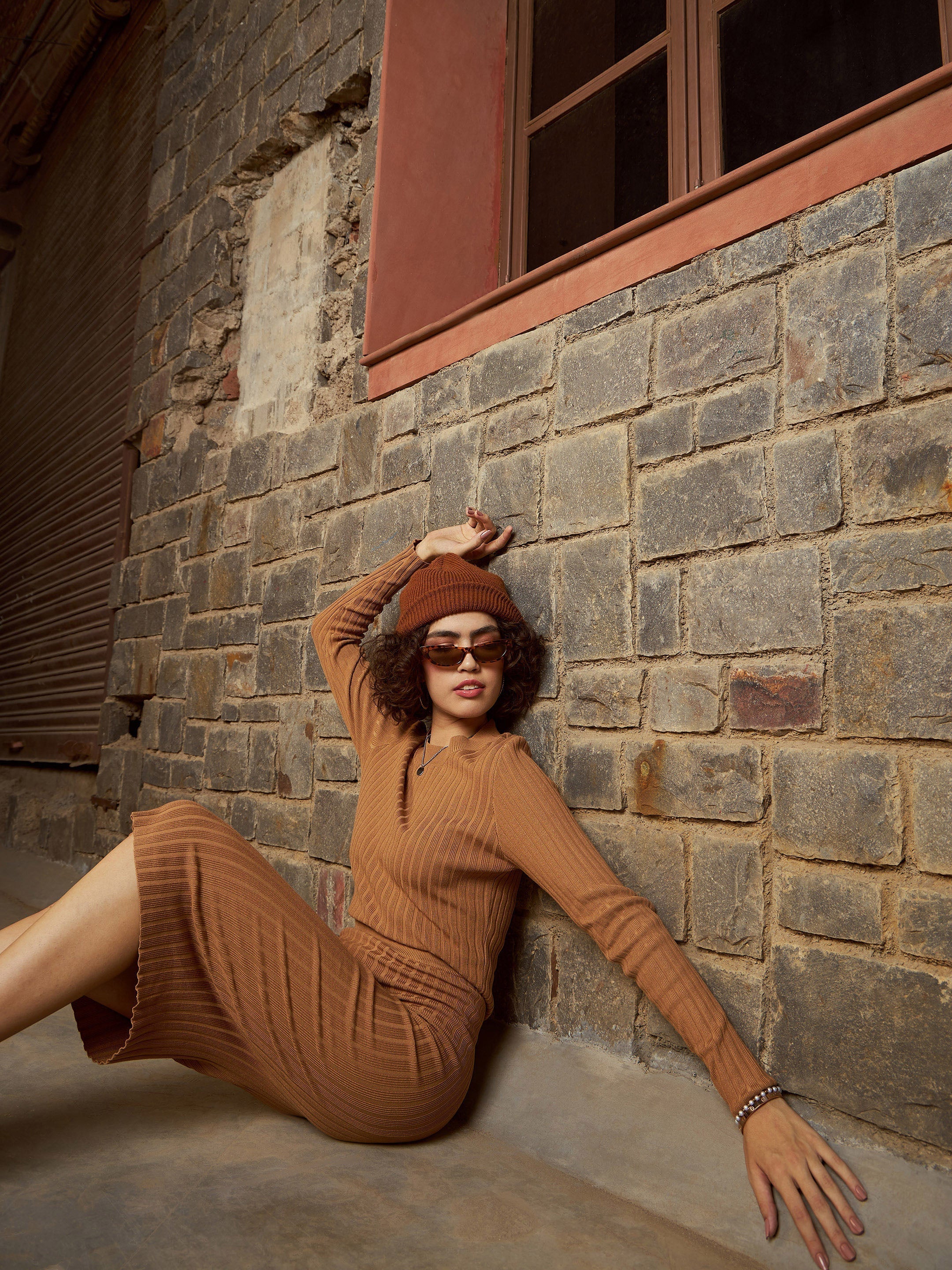 Women Beige Rib Sweater With Pencil Skirt - Image 2