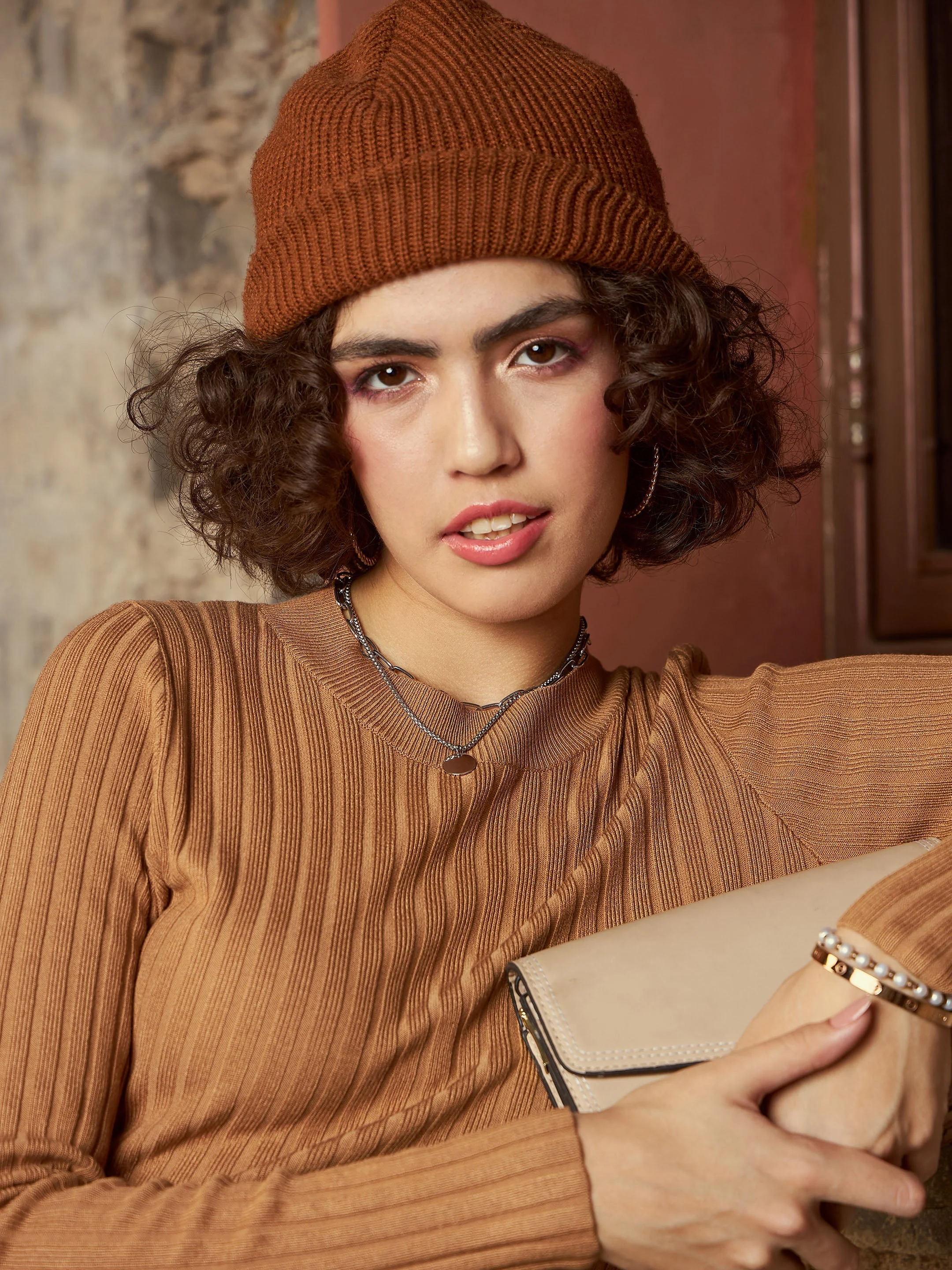 Women Beige Rib Sweater With Pencil Skirt - Image 4