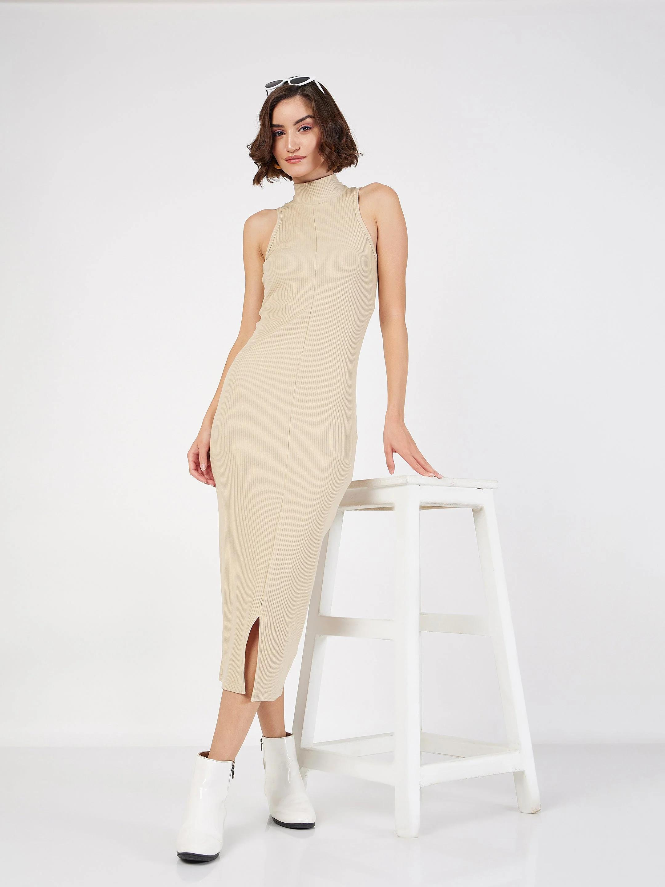 Women Beige Rib Turtle Neck Sleeveless Midi Dress - Image 2