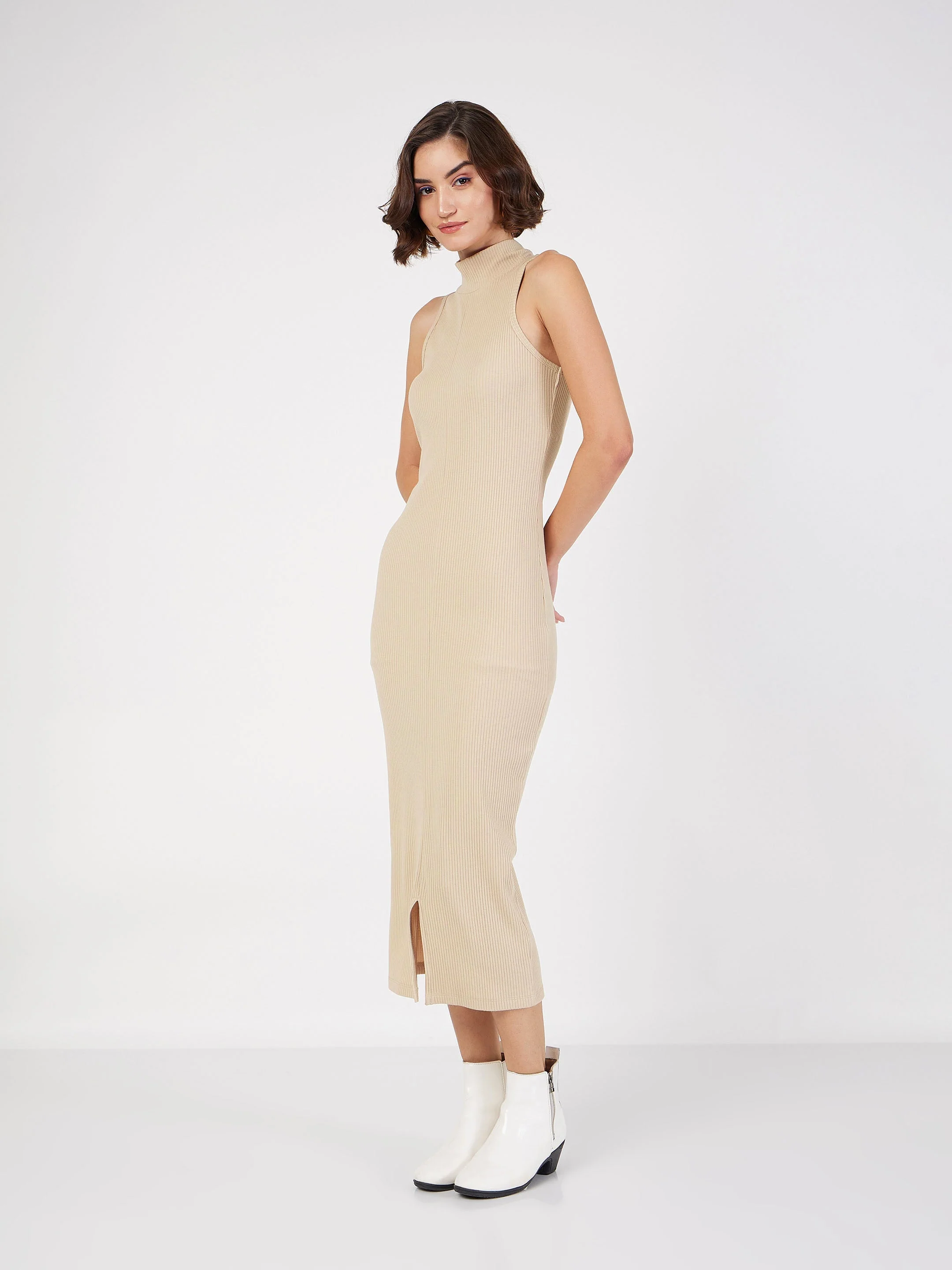 Women Beige Rib Turtle Neck Sleeveless Midi Dress - Image 3