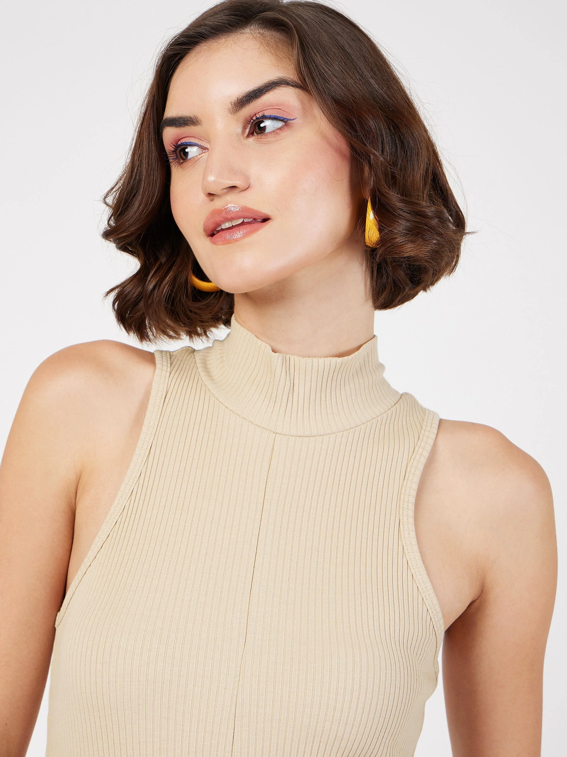 Women Beige Rib Turtle Neck Sleeveless Midi Dress - Image 4