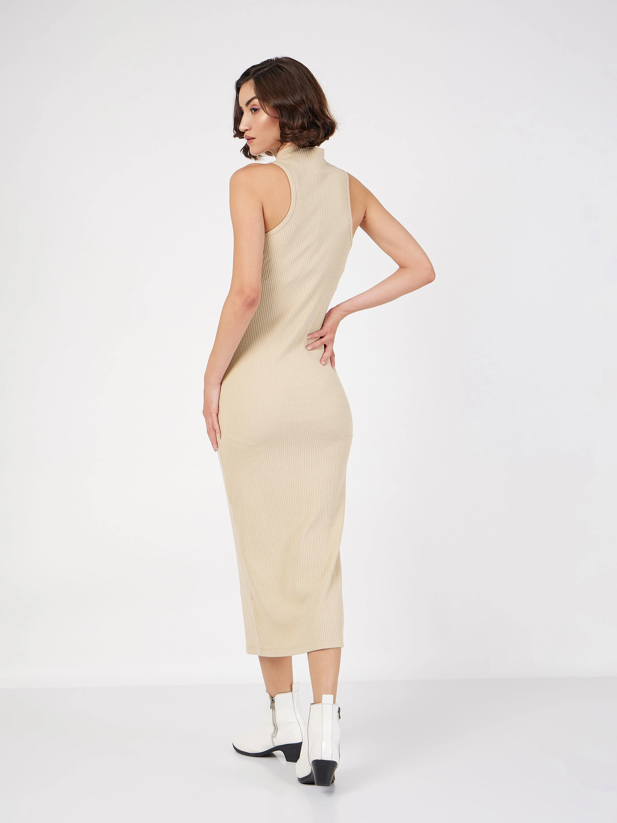 Women Beige Rib Turtle Neck Sleeveless Midi Dress - Image 5