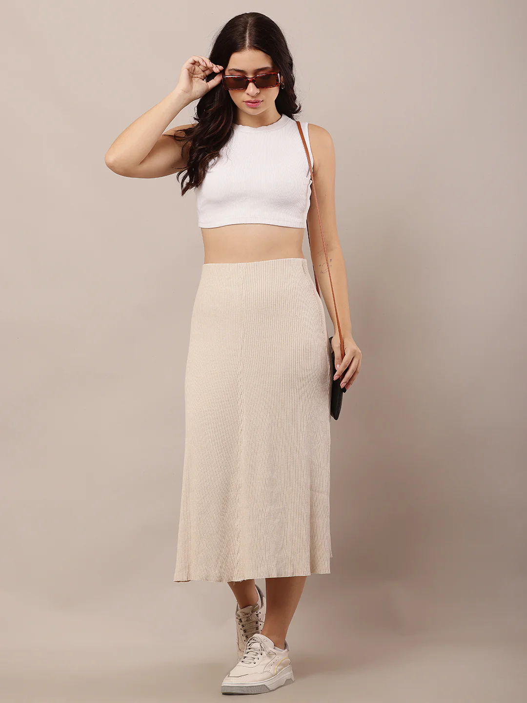 Women Beige Ribbed-Knit A-Line Skirt - Image 3