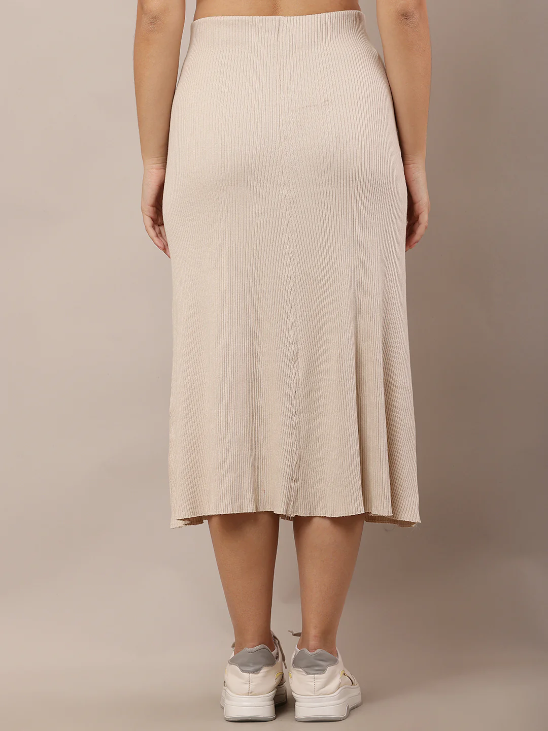 Women Beige Ribbed-Knit A-Line Skirt - Image 4