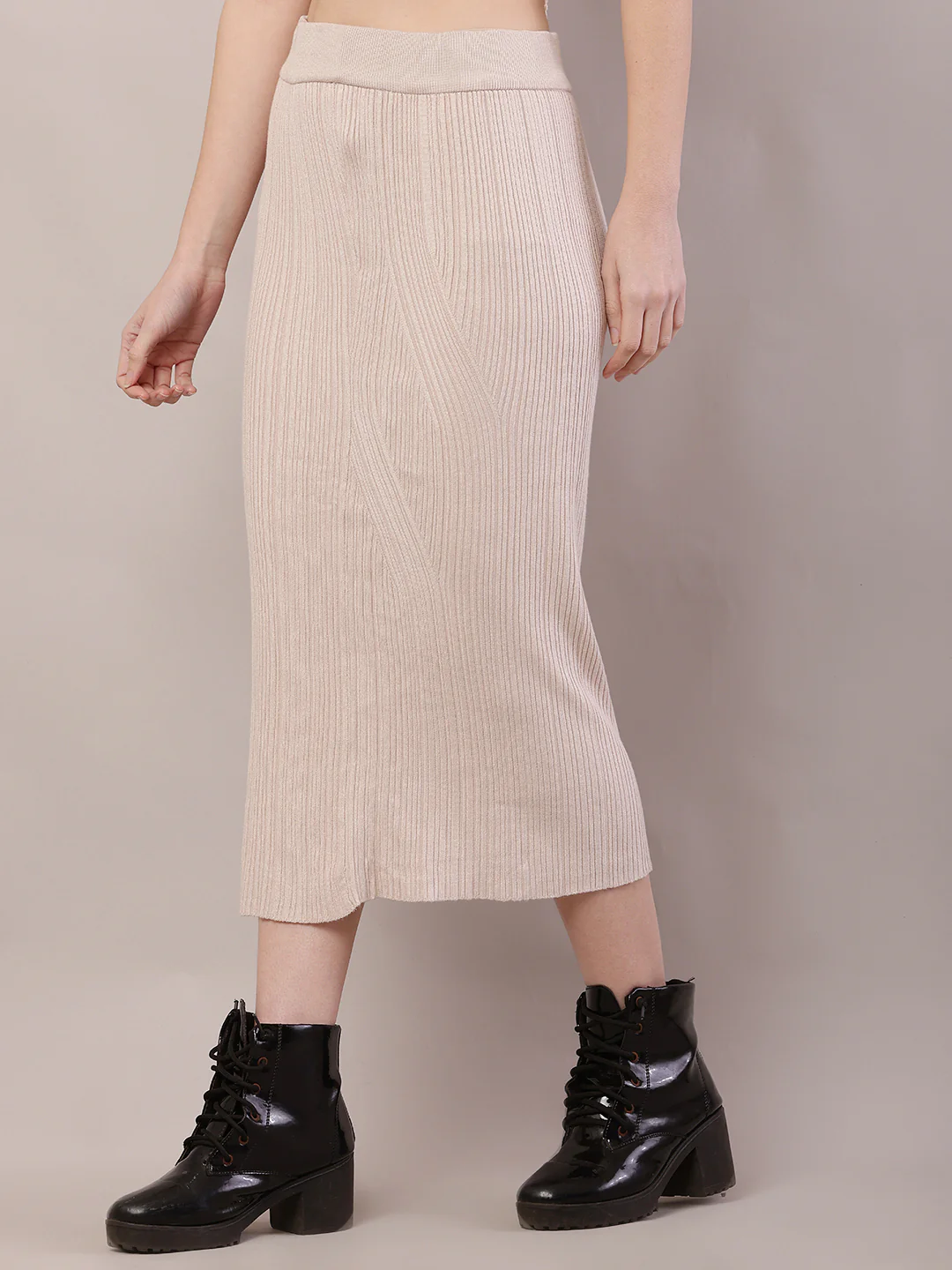 Women Beige Ribbed Knitted A-line Skirt - Image 2