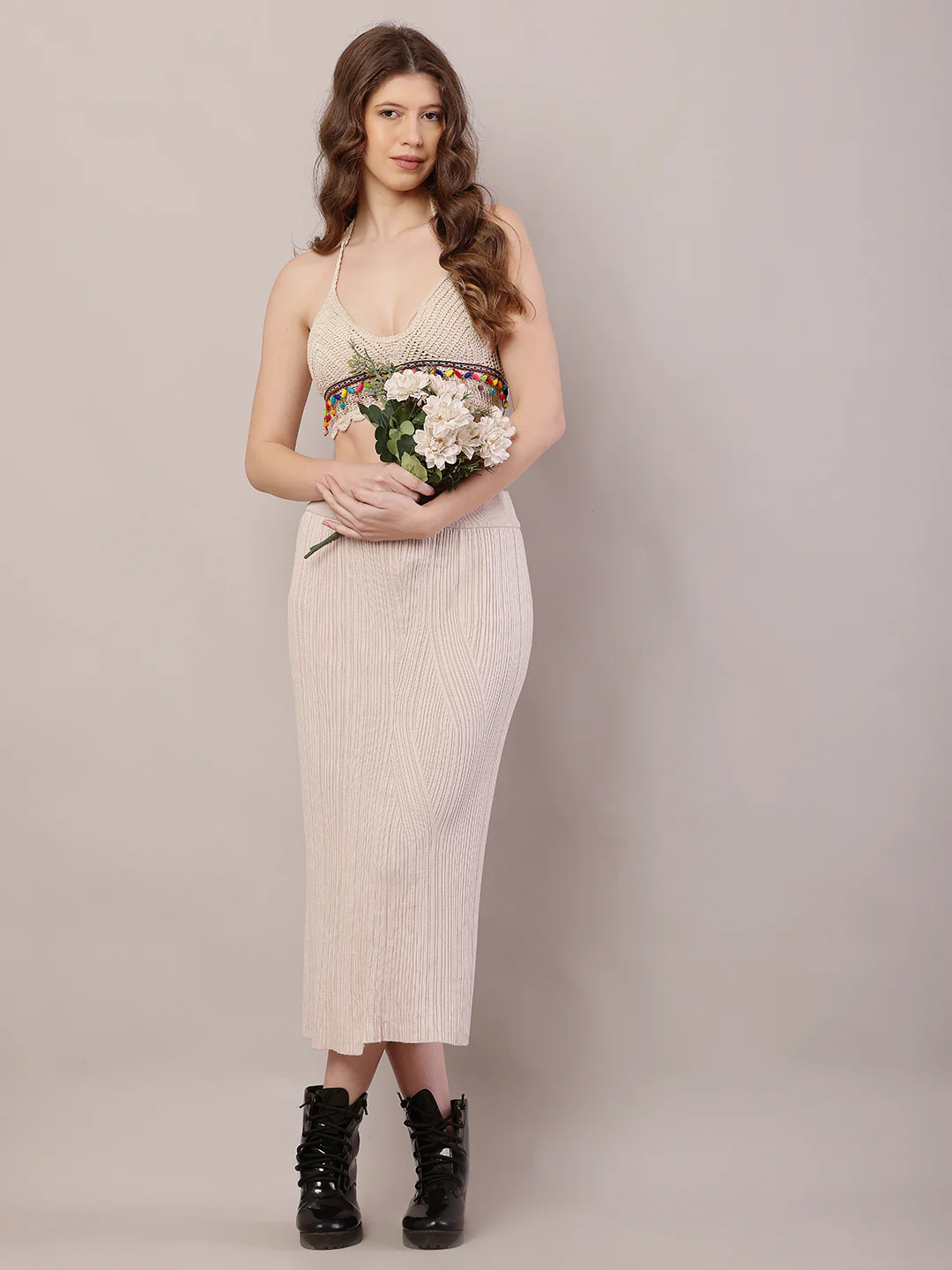 Women Beige Ribbed Knitted A-line Skirt - Image 3