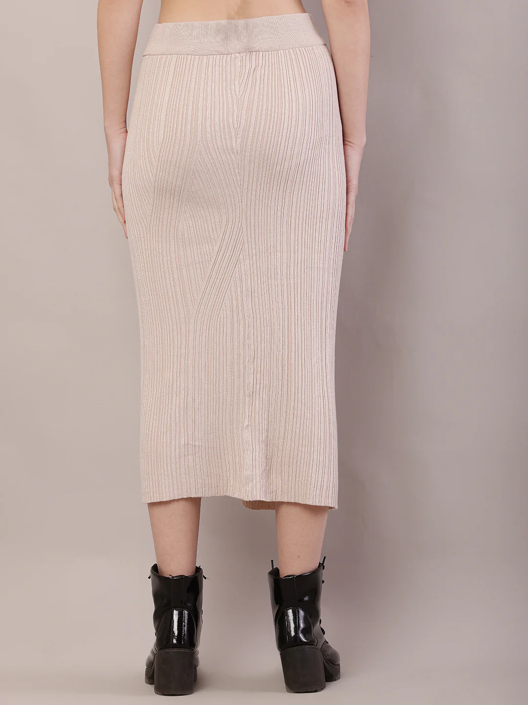 Women Beige Ribbed Knitted A-line Skirt - Image 4