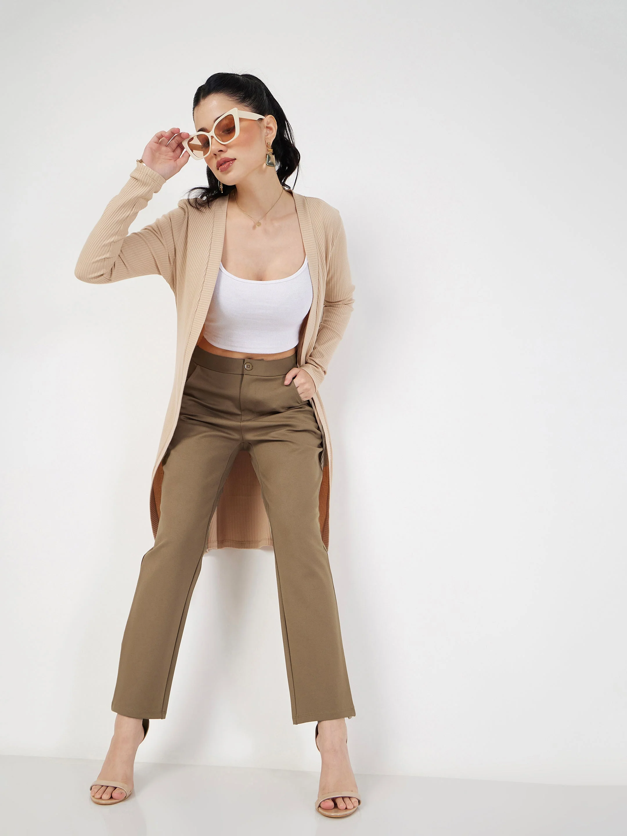 Women Beige Roma Tapered Pants - Image 2