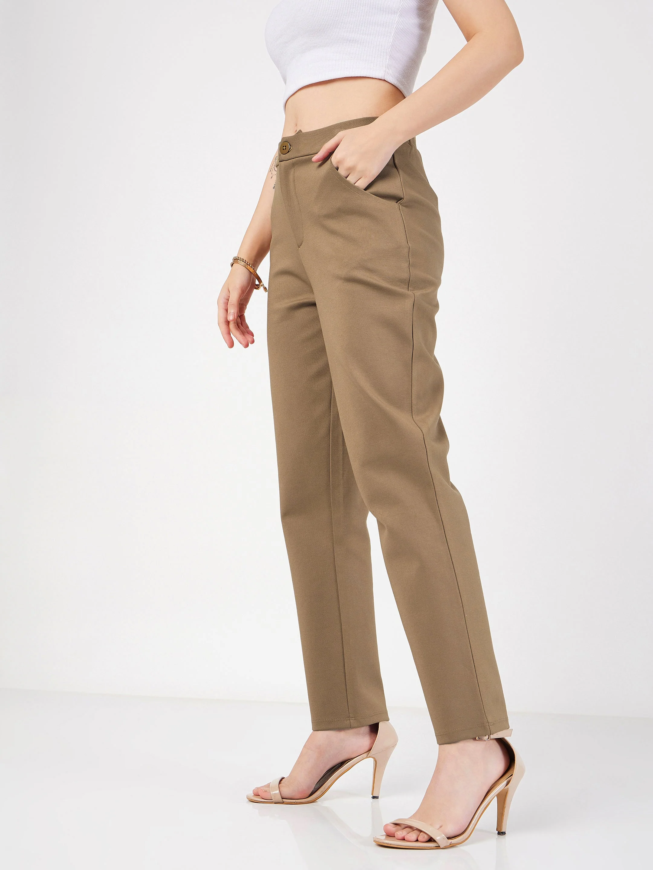 Women Beige Roma Tapered Pants - Image 3