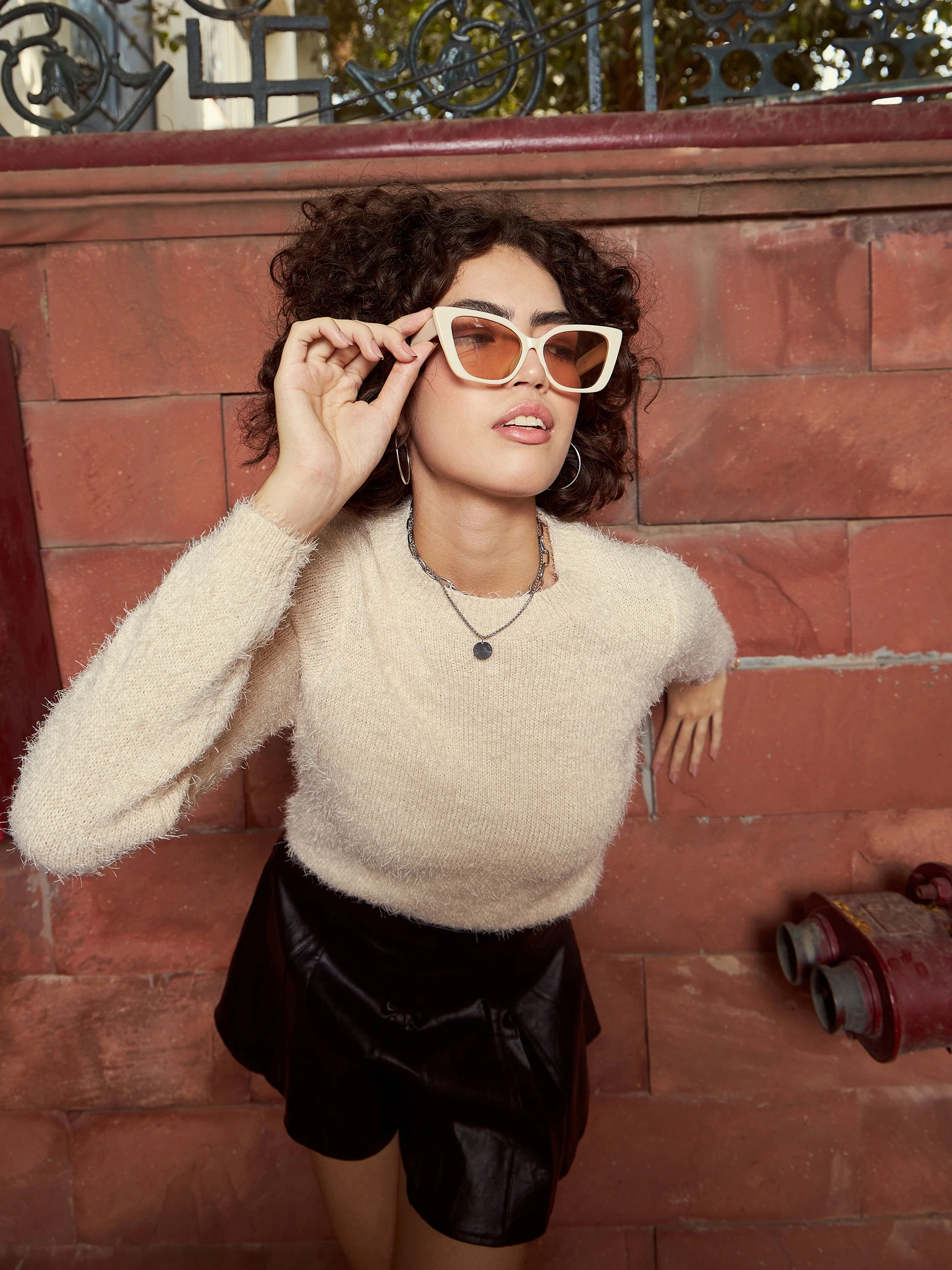 Women Beige Round Neck Hairy Fur Pullover Sweater - Image 2