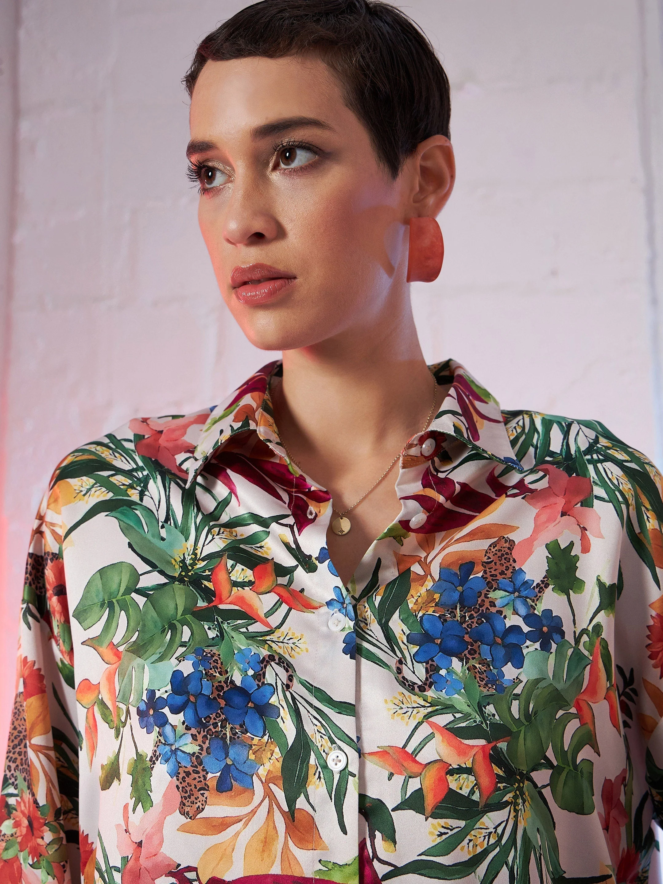 Women Beige Satin Floral Oversized Shirt - Image 4