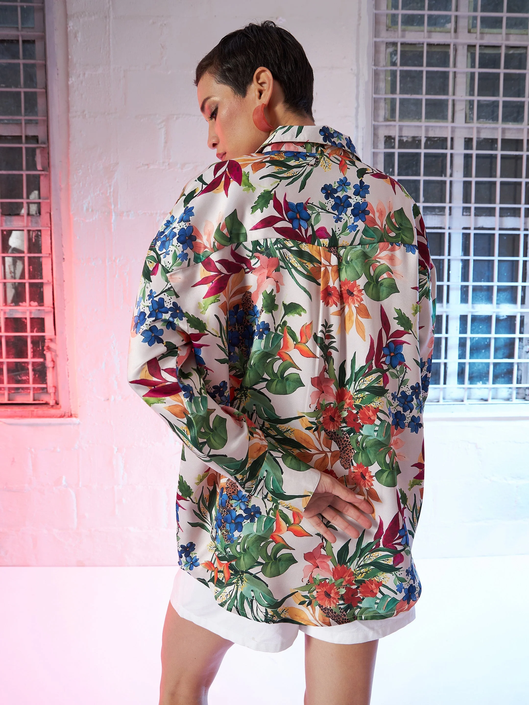 Women Beige Satin Floral Oversized Shirt - Image 5