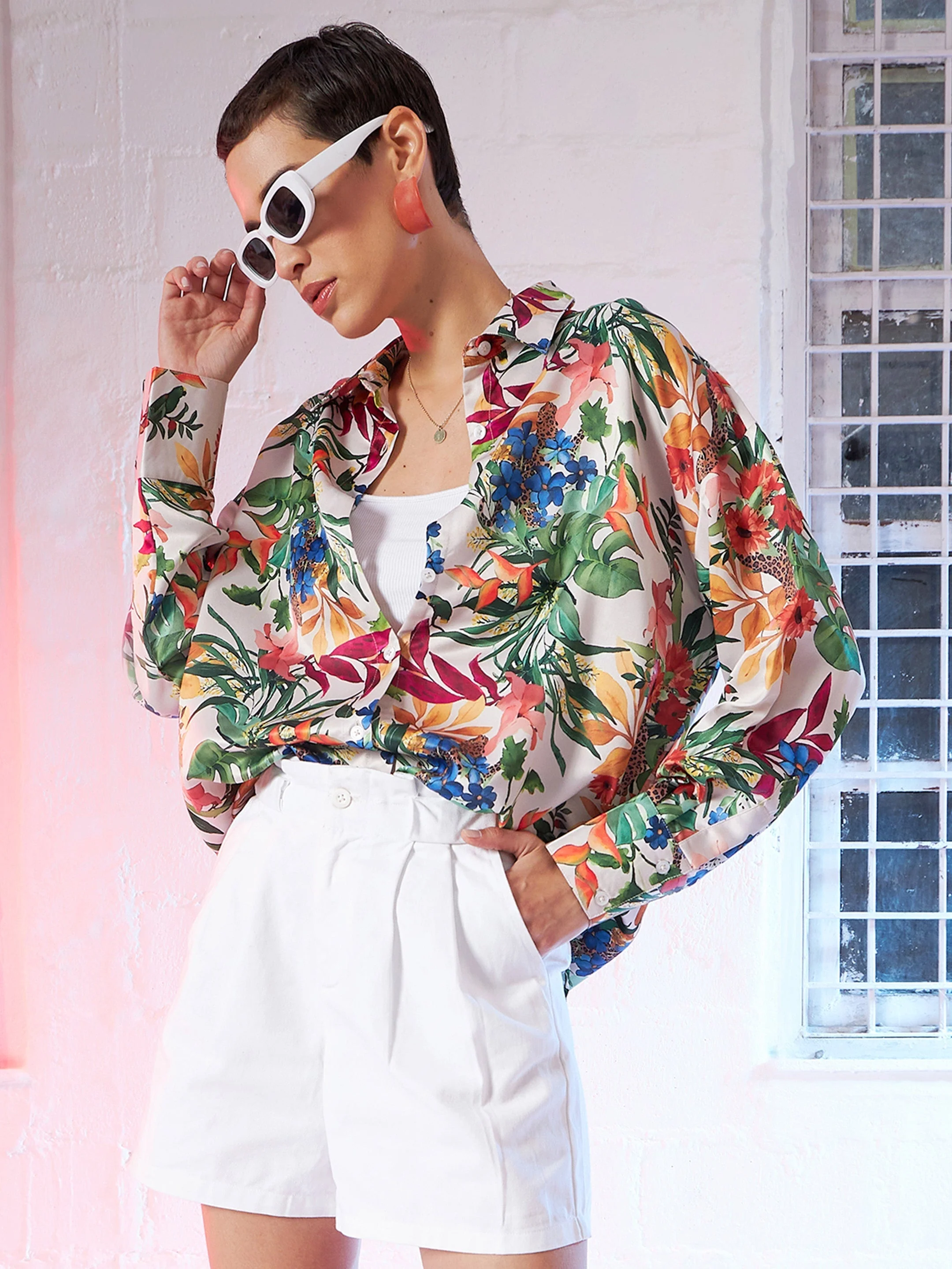 Women Beige Satin Floral Oversized Shirt - Image 6