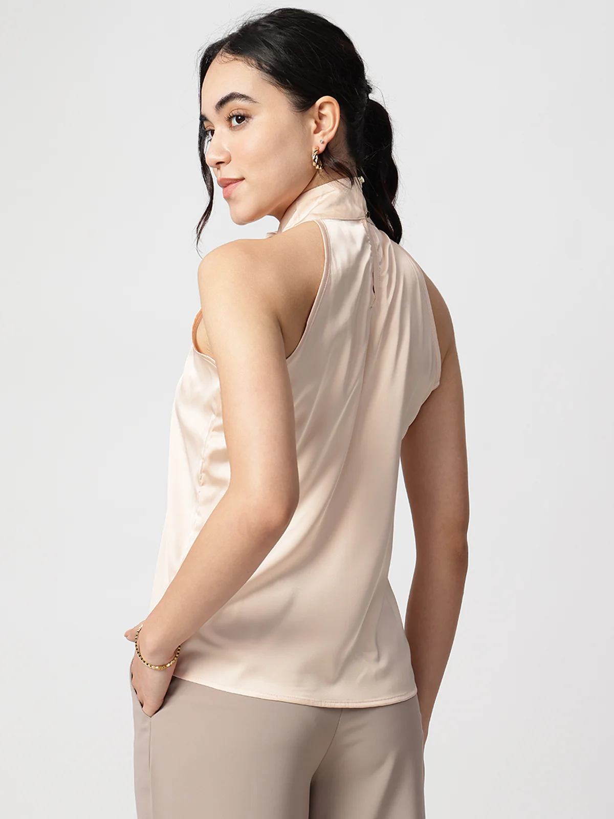 Women Beige Satin Halter Neck Top - Image 2