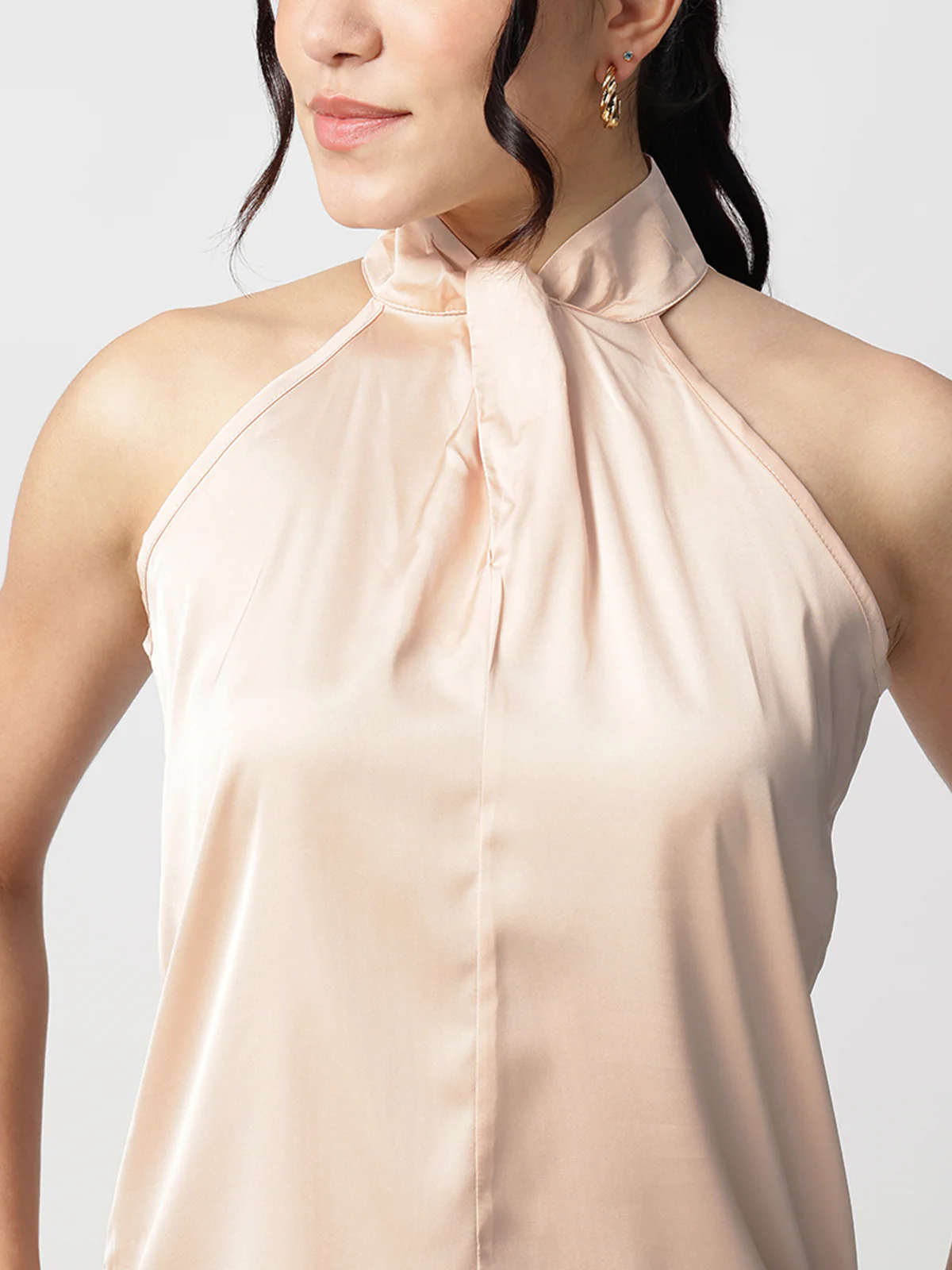 Women Beige Satin Halter Neck Top - Image 3