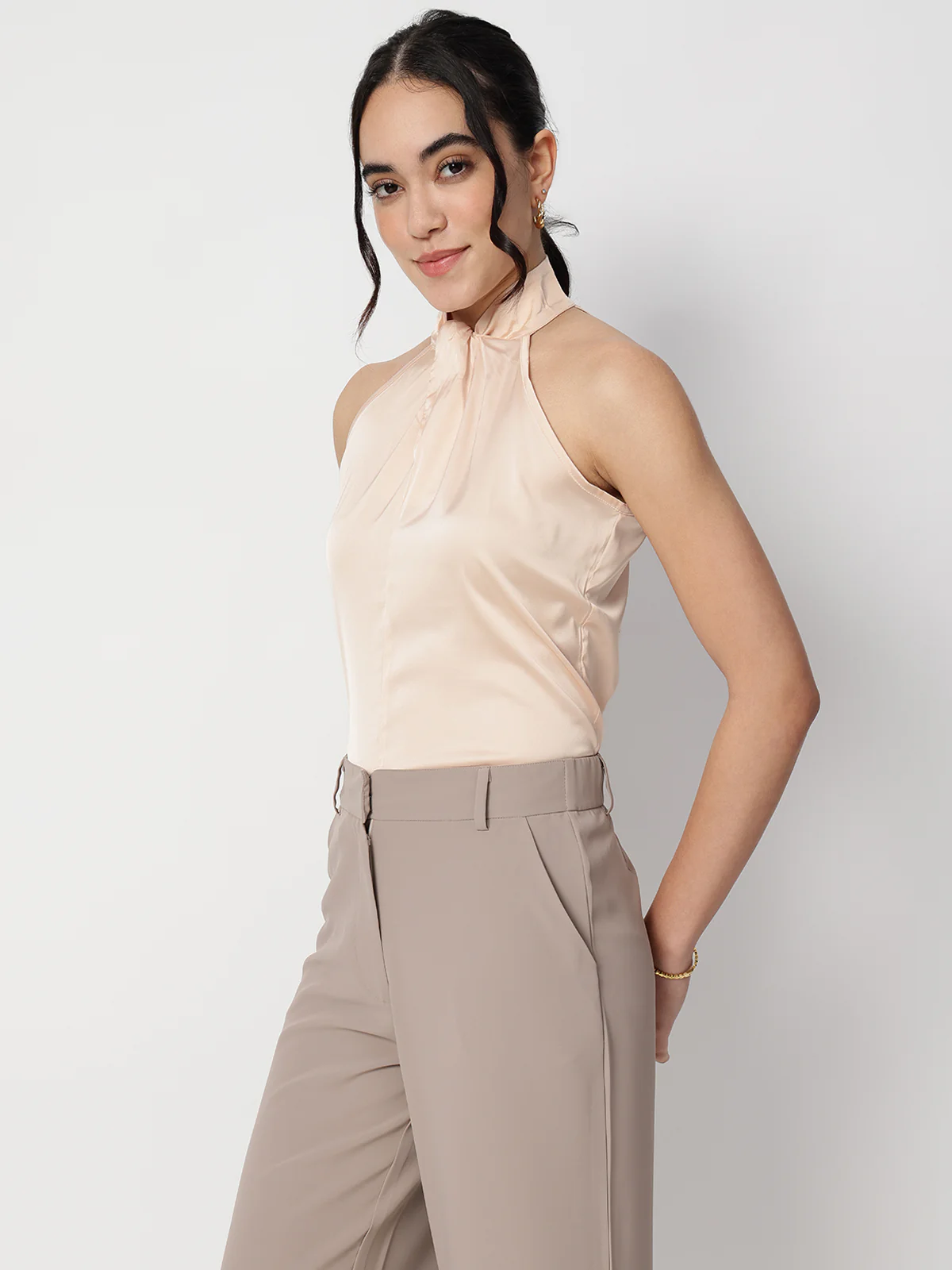 Women Beige Satin Halter Neck Top - Image 4