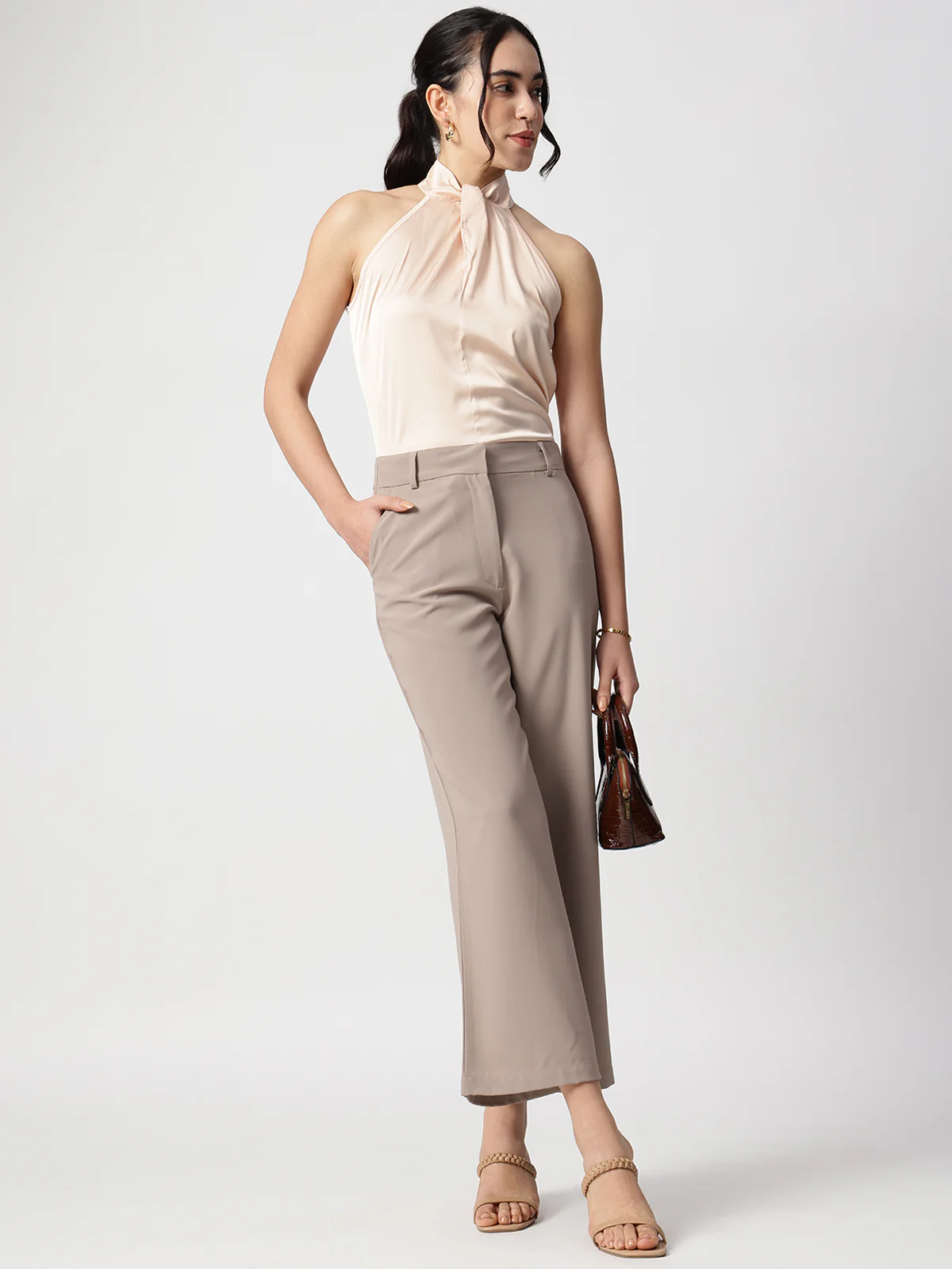 Women Beige Satin Halter Neck Top - Image 5
