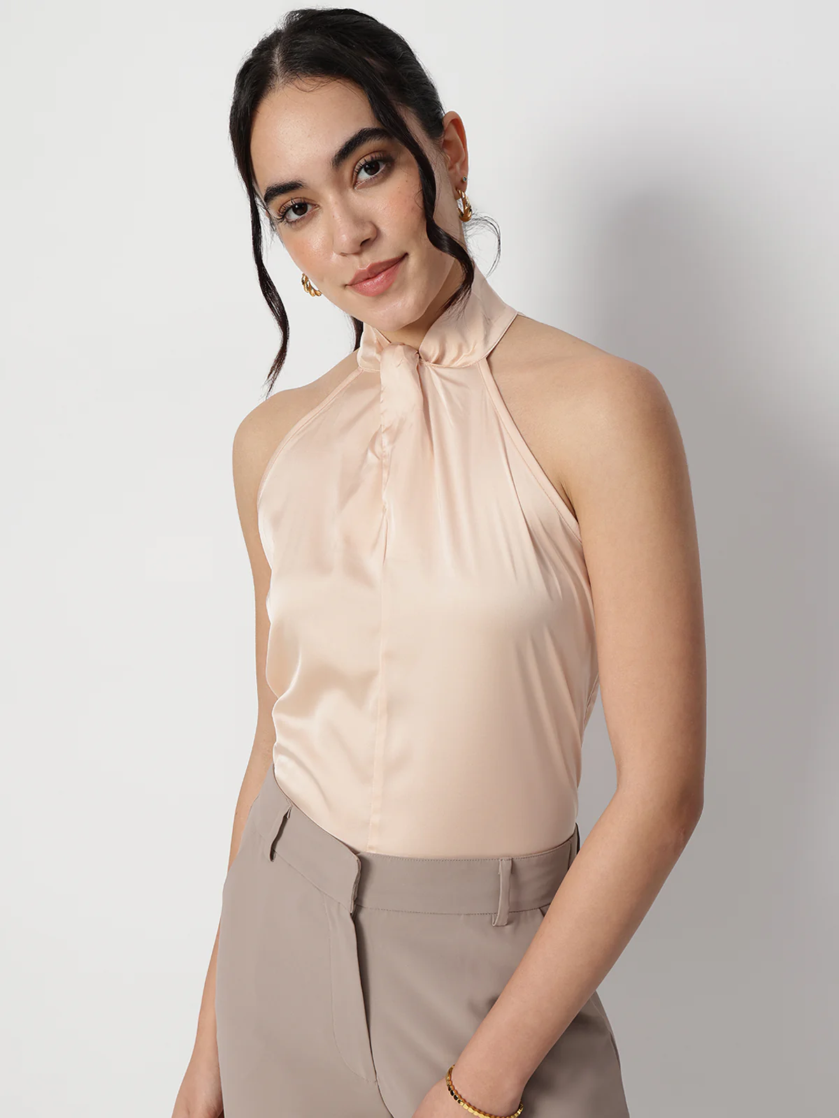 Women Beige Satin Halter Neck Top - Image 6
