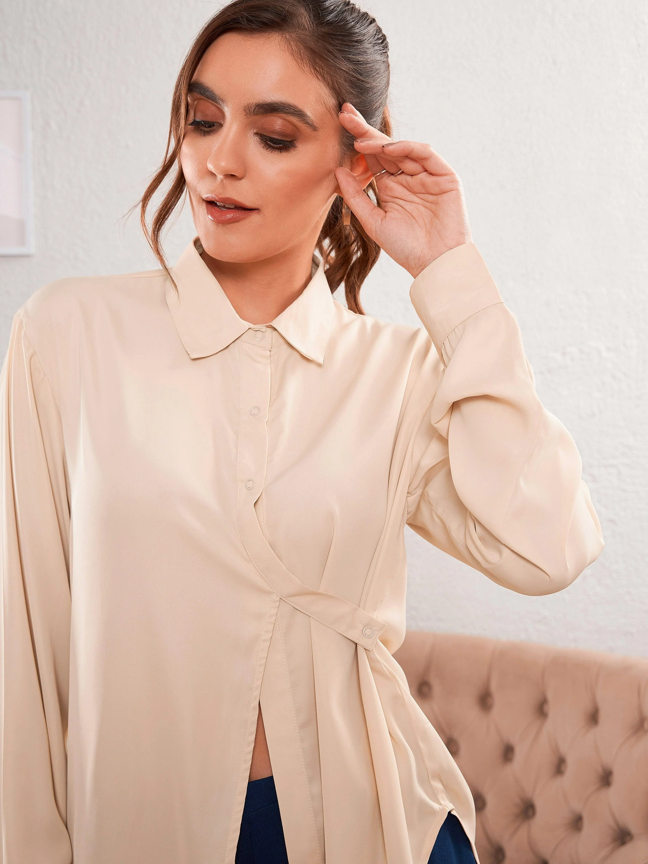 Women Beige Satin Turn-Down Collar Blouse - Image 4