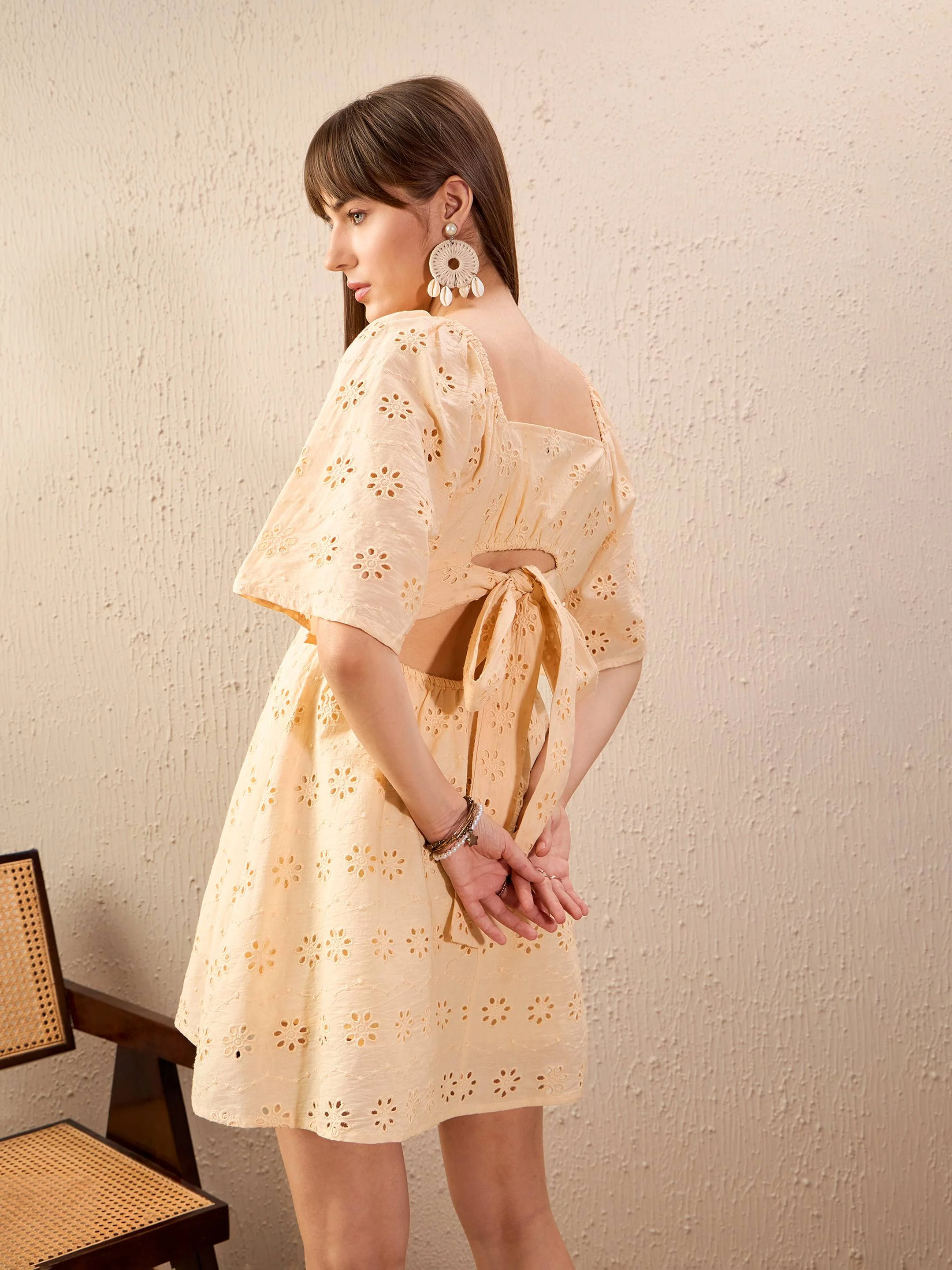 Women Beige Schiffli Back Tie Short Skater Dress - Image 4