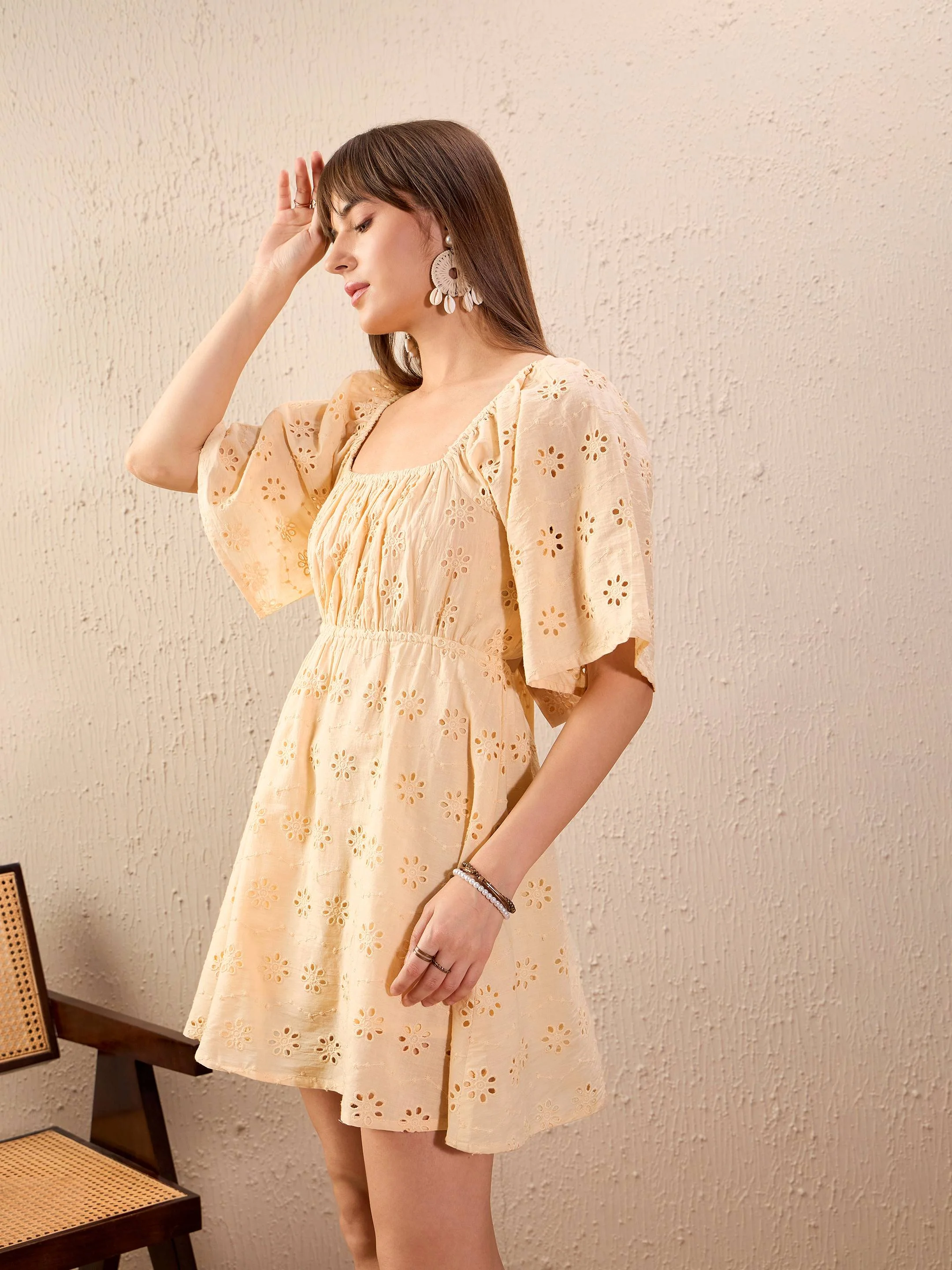 Women Beige Schiffli Back Tie Short Skater Dress - Image 6