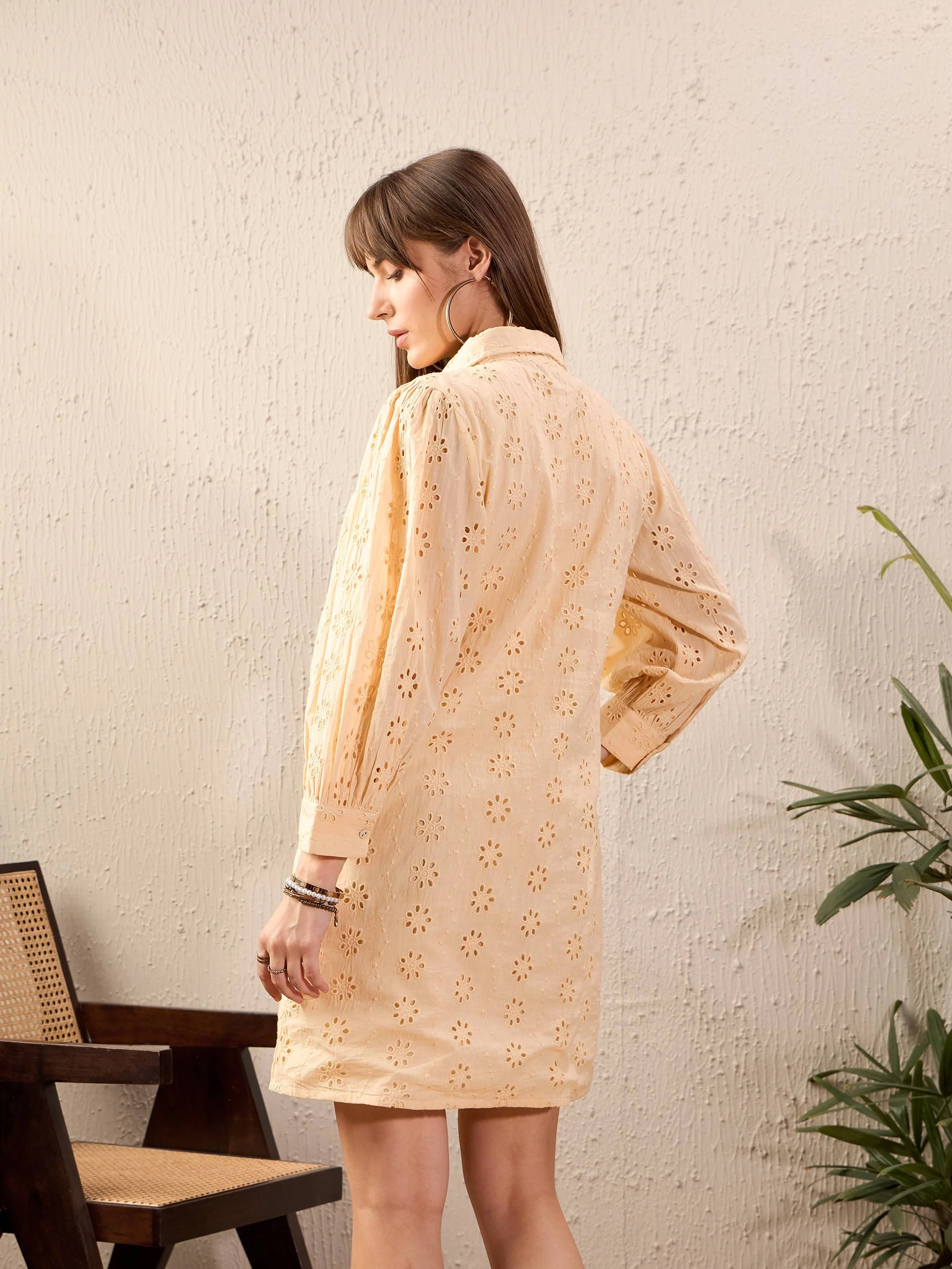 Women Beige Schiffli Shirt Dress - Image 2