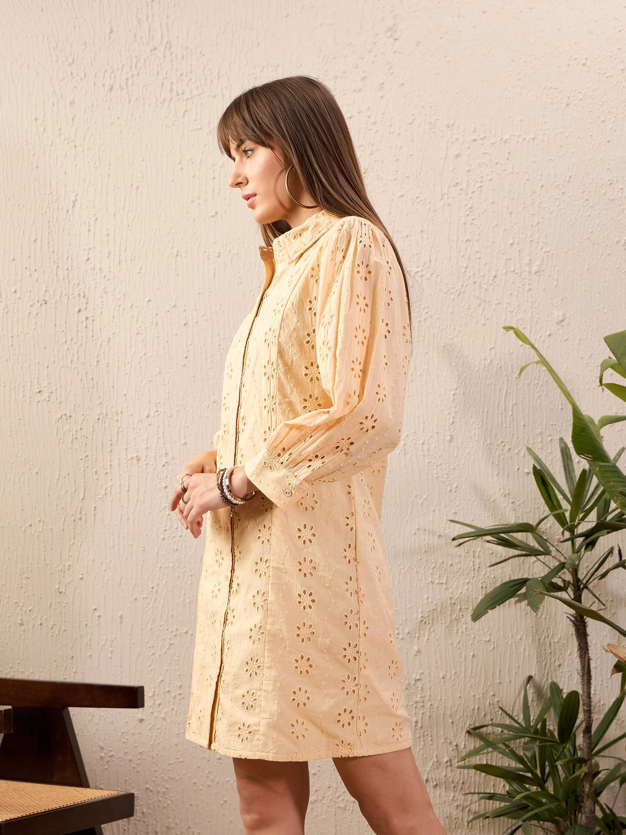 Women Beige Schiffli Shirt Dress - Image 3