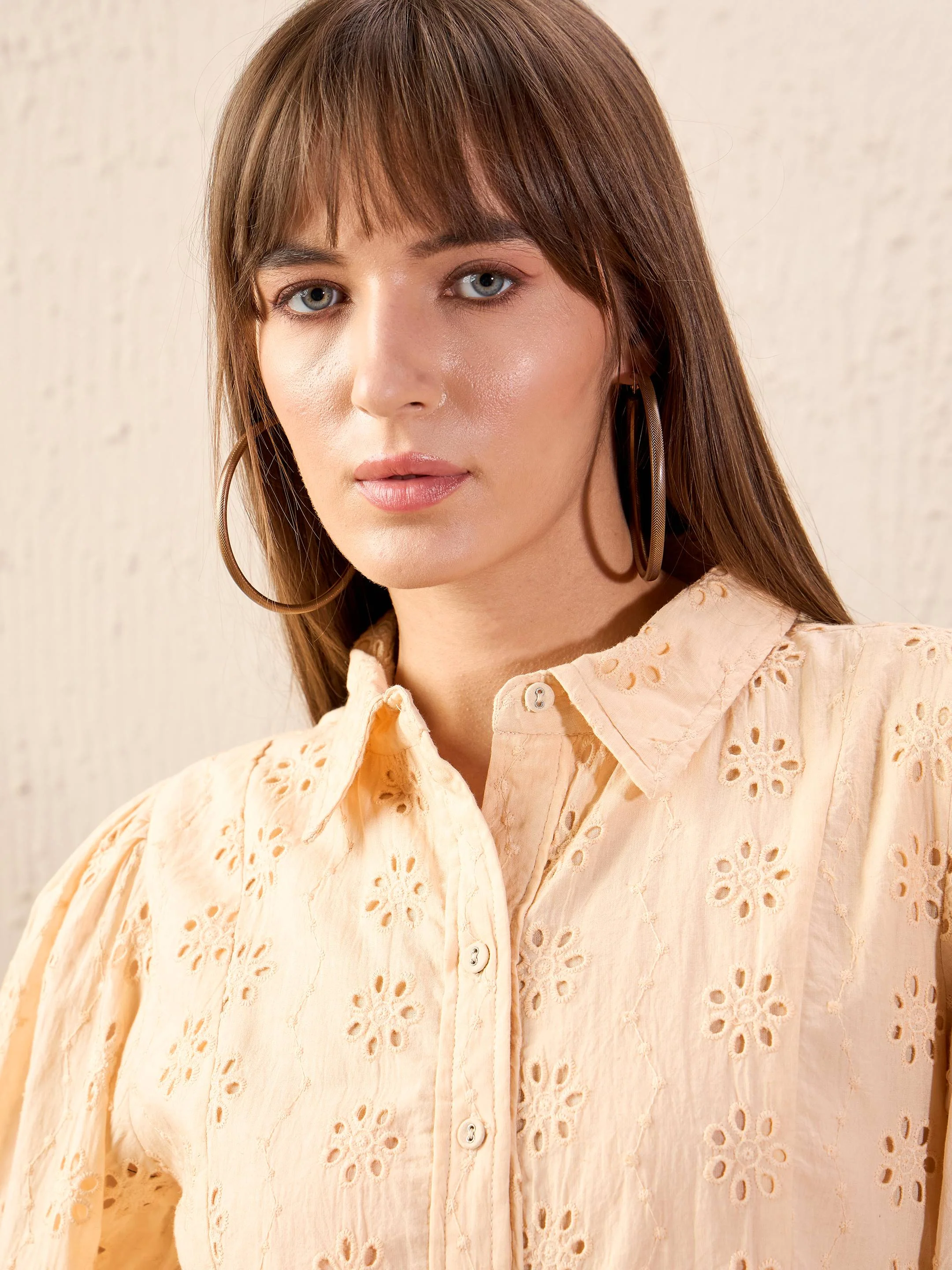 Women Beige Schiffli Shirt Dress - Image 4