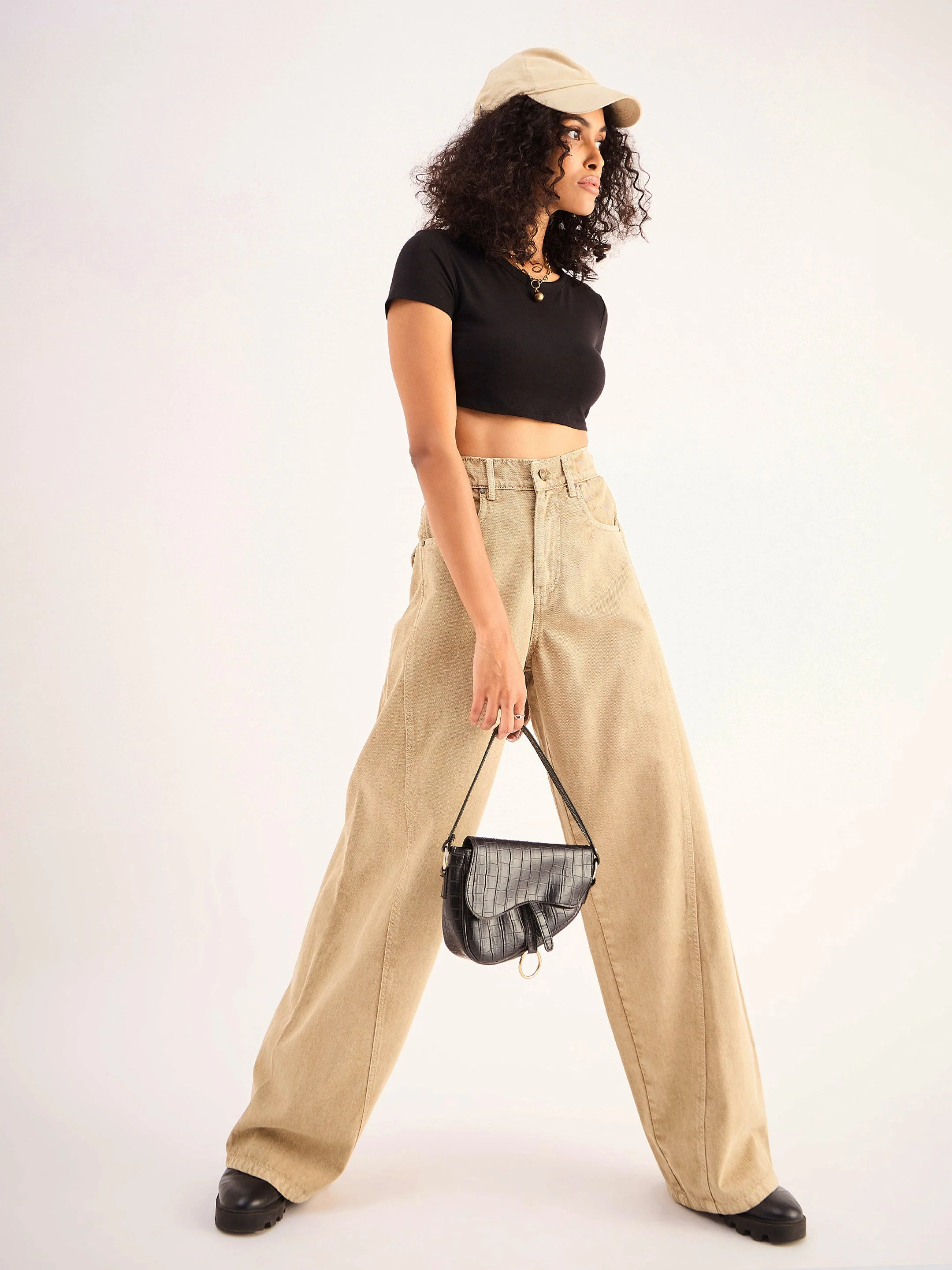 Women Beige Seam Detail Wide Leg Jeans - Image 2