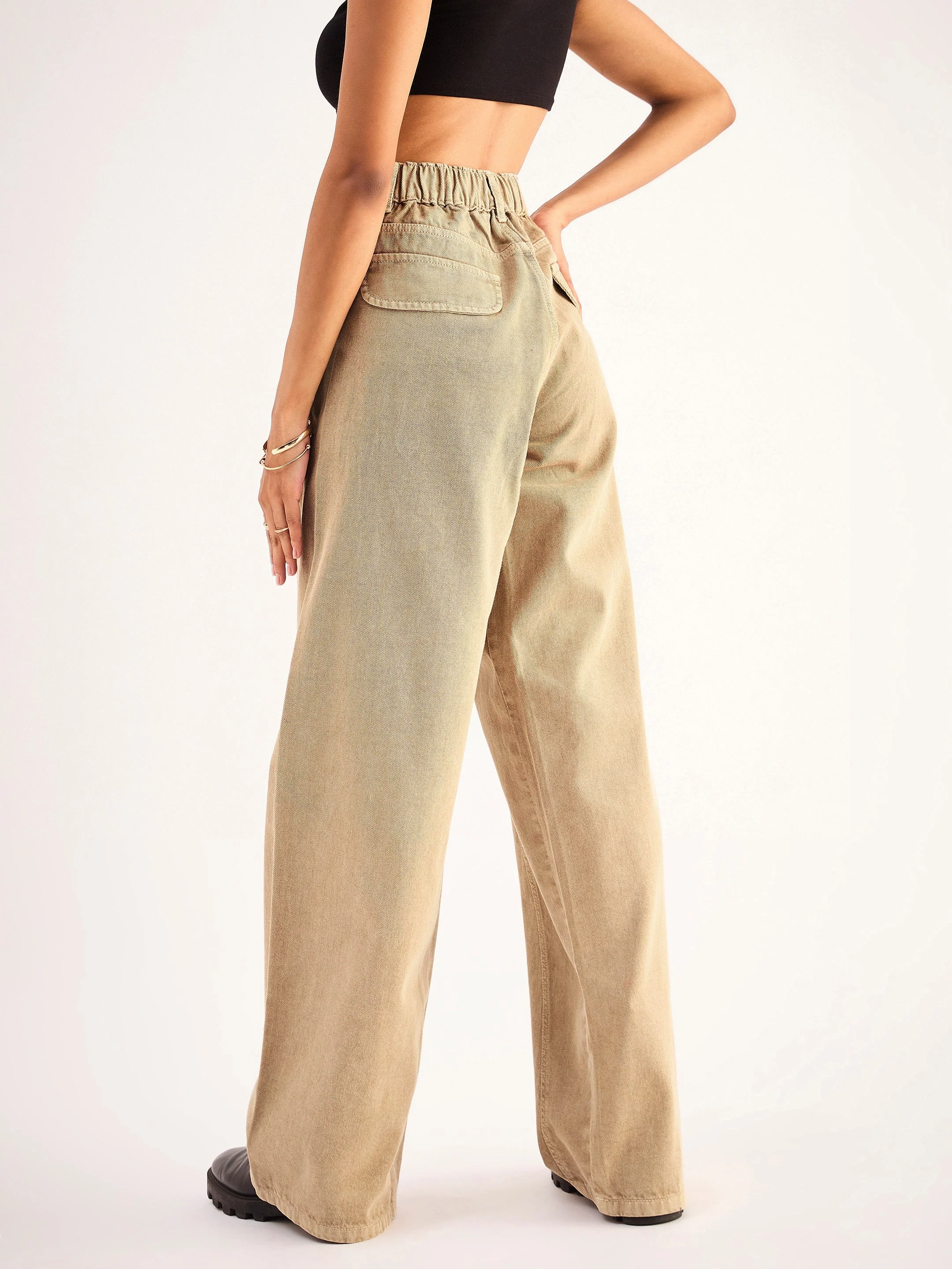 Women Beige Seam Detail Wide Leg Jeans - Image 5