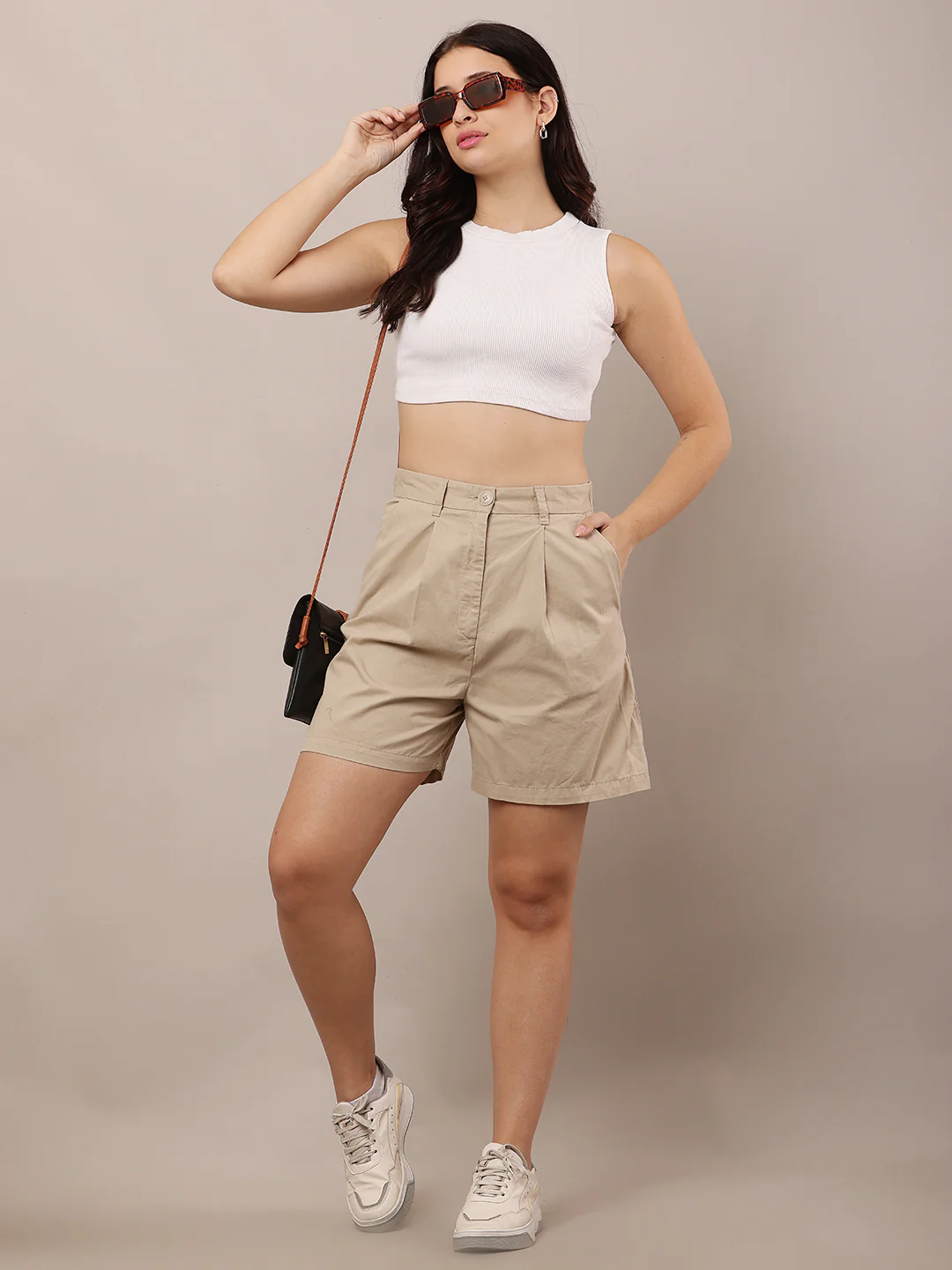 Women Beige Solid Shorts with Belt Loops - Image 2