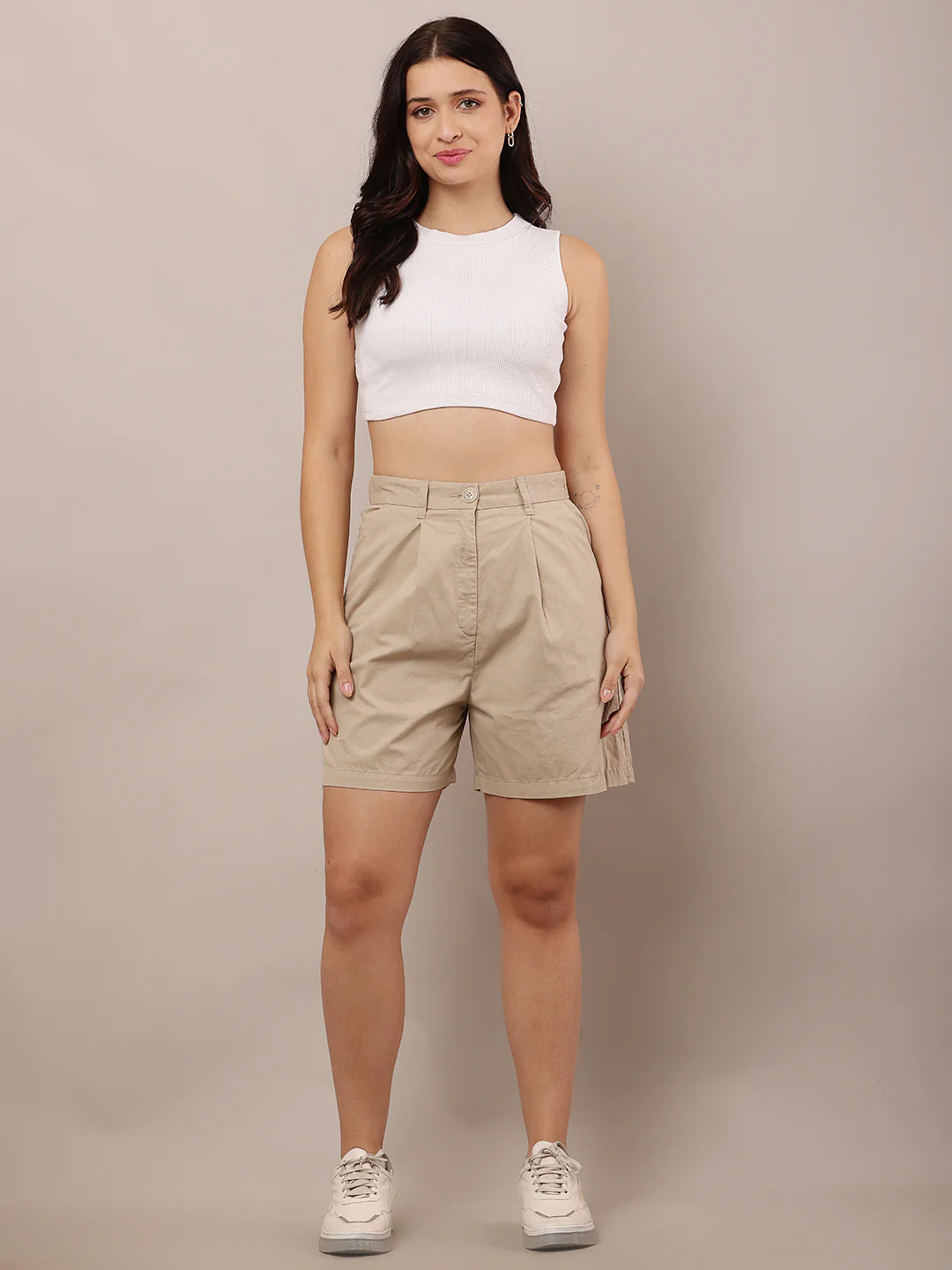 Women Beige Solid Shorts with Belt Loops - Image 3