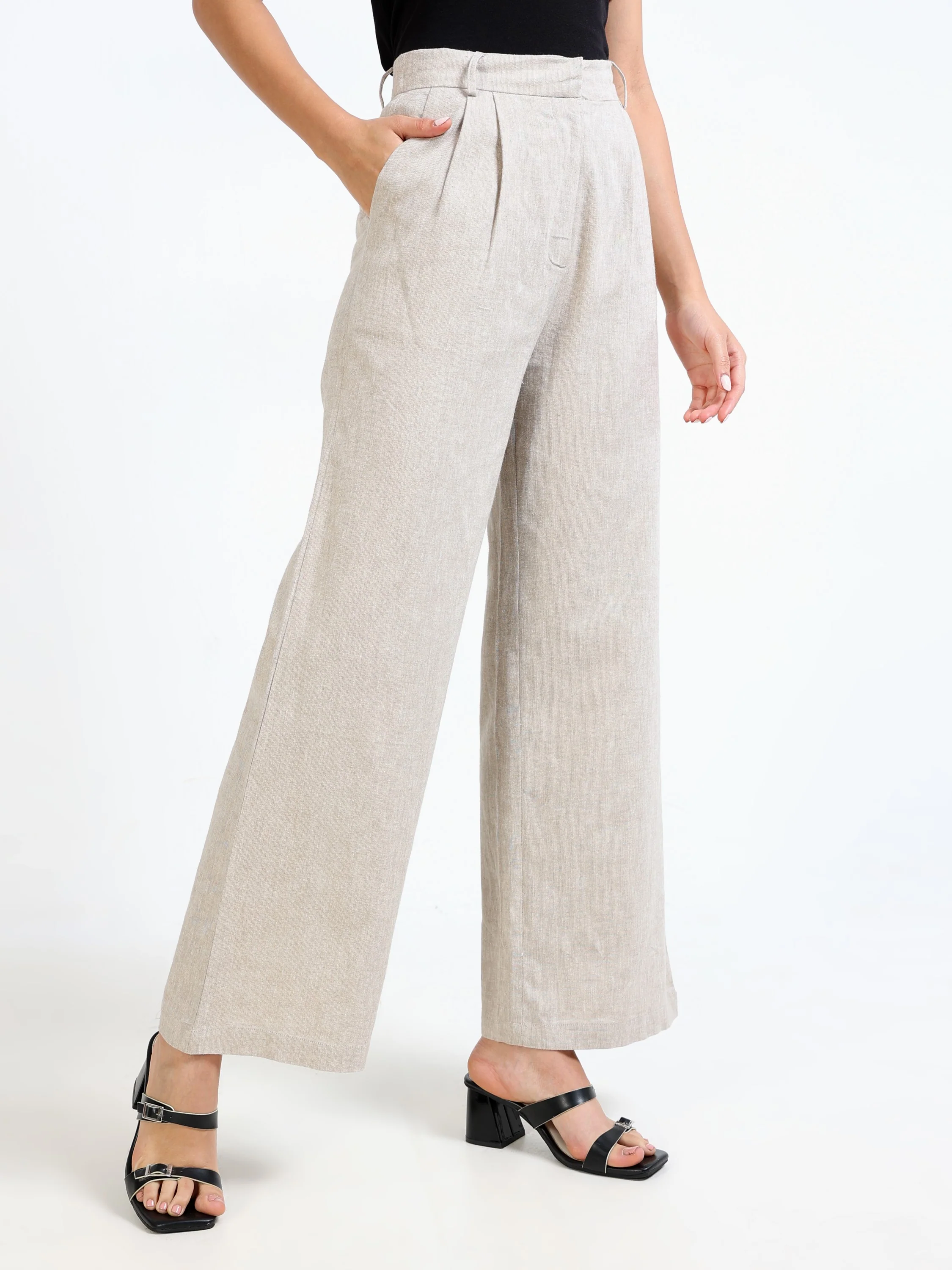 Women Beige Linen Blend Pants - Image 2