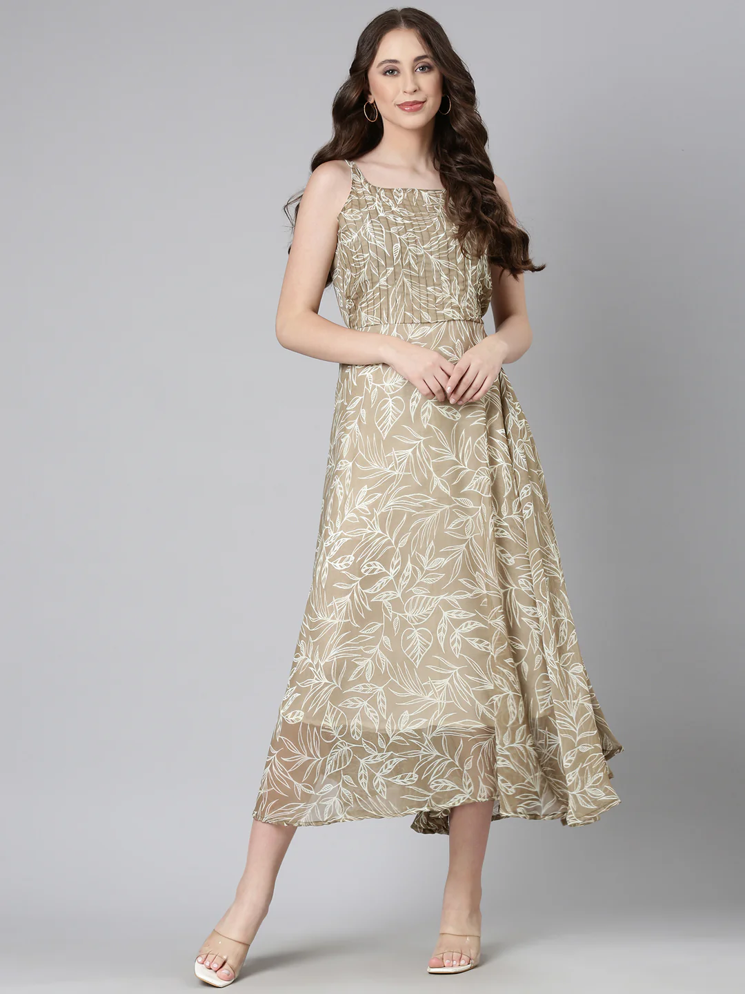 Women Beige Floral Chiffon Dress - Image 12
