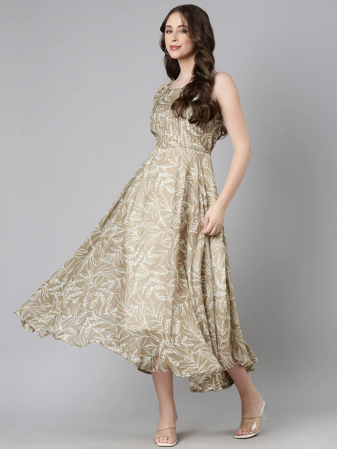 Women Beige Floral Chiffon Dress - Image 13