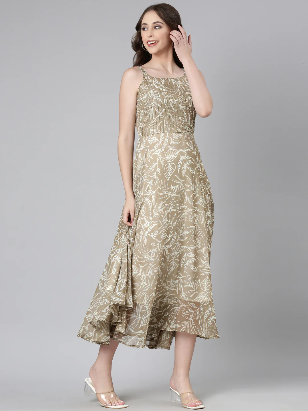 Women Beige Floral Chiffon Dress - Image 16
